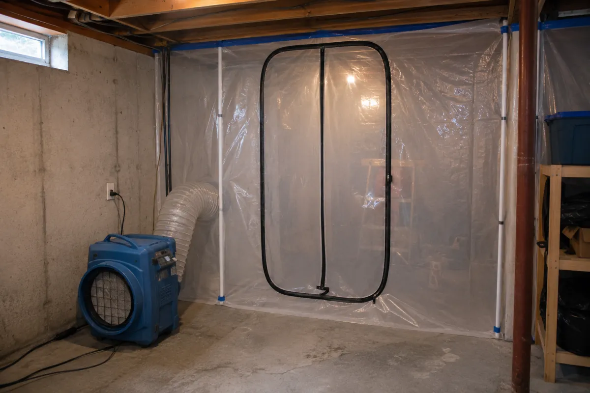 containment barrier and air scrubber set up for mold remediation in a Detroit basement