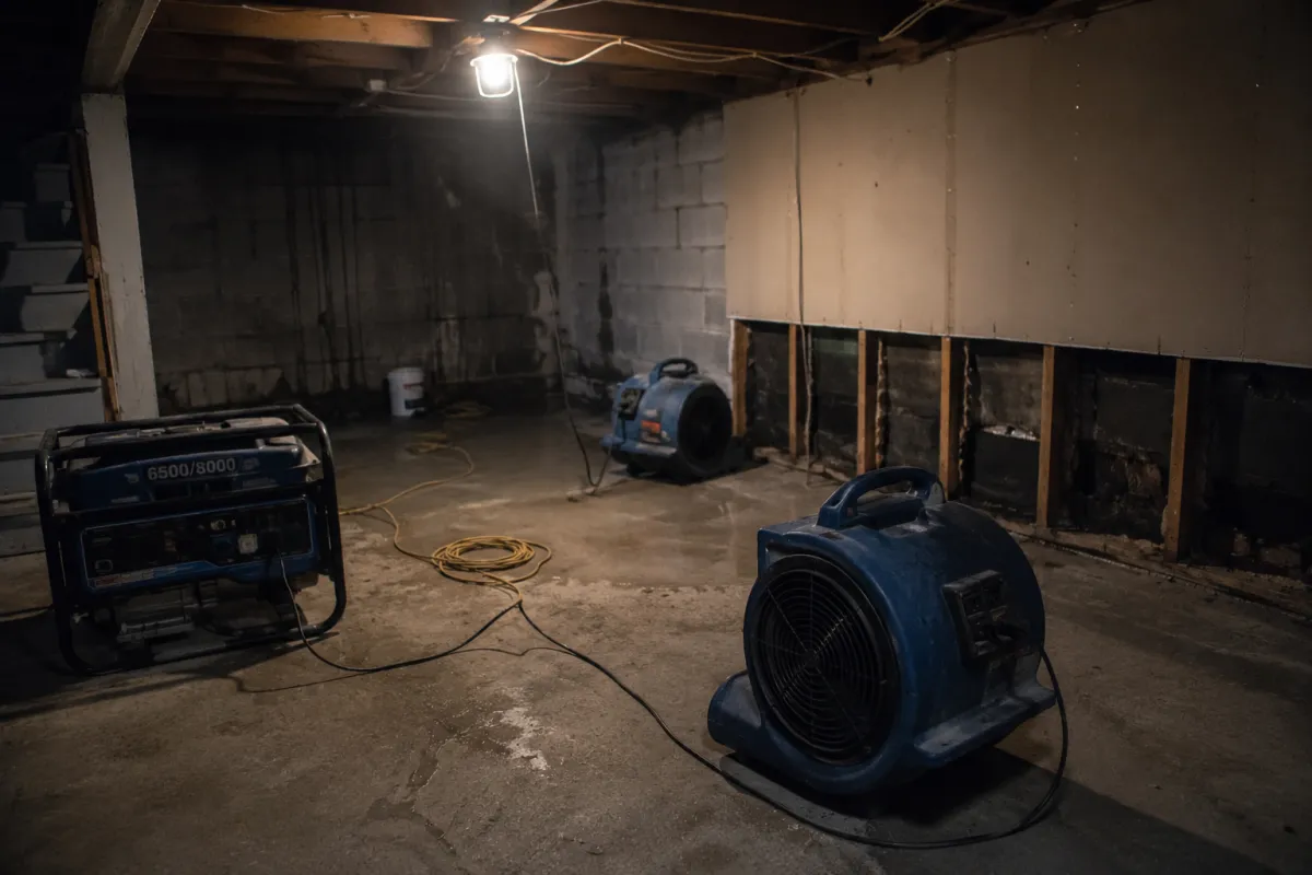 air movers running on generator power in a dark Detroit basement during a storm outage
