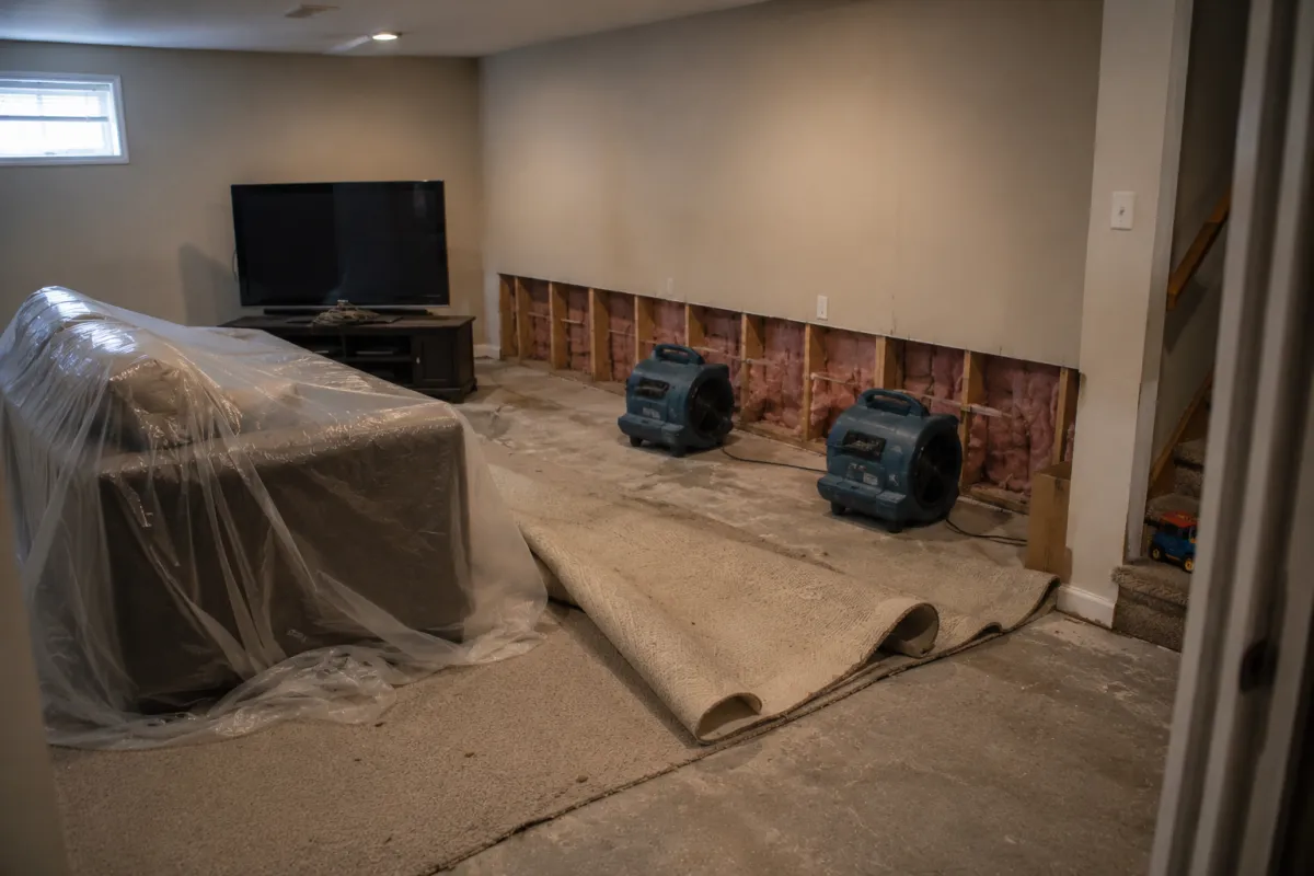 drying a finished basement in a Detroit home after storm water damaged the carpet and walls