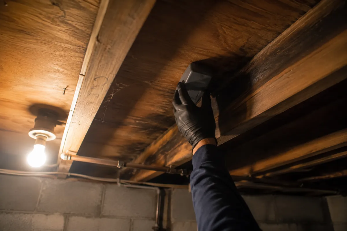 checking for hidden moisture under a subfloor in a Detroit basement to find the source of a musty smell