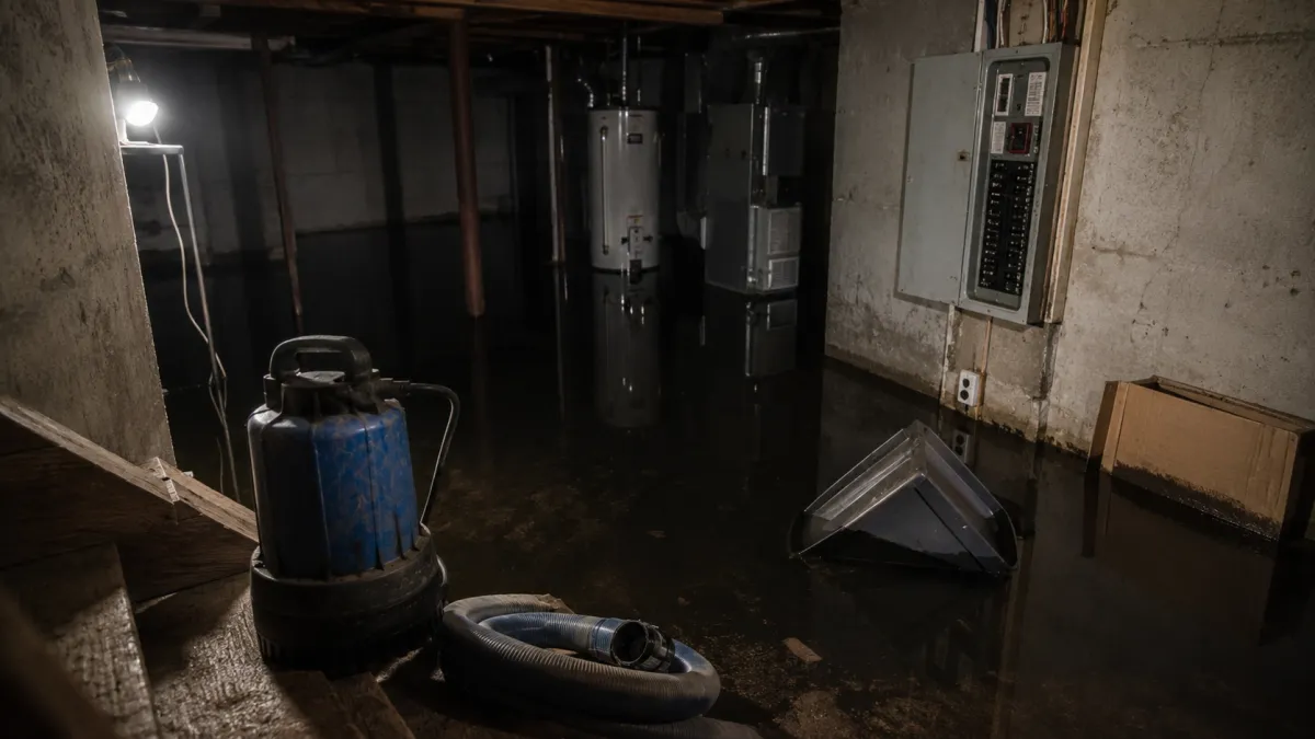 a pump staged on the stairs beside still floodwater in a Detroit basement with the power shut off