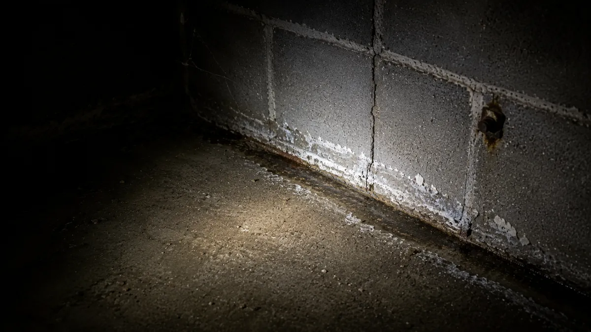 a pump staged on the stairs beside still floodwater in a Detroit basement with the power shut off