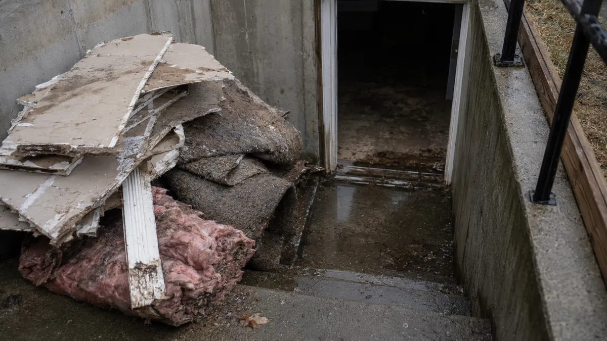 drywall carpet pad and insulation removed from a flooded Detroit basement after storm water