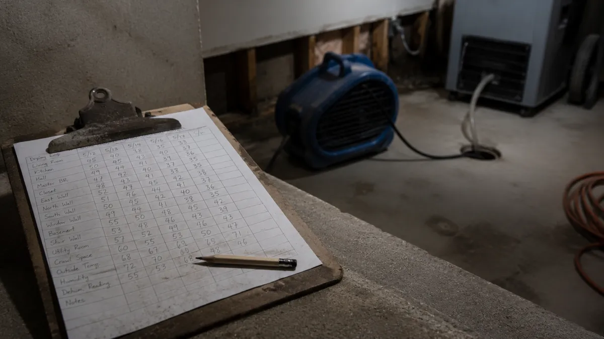 a drying log and moisture readings recorded daily while equipment runs in a Detroit basement