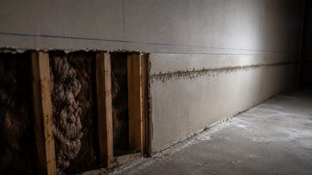 a flood cut marking what comes out and what stays on a basement wall in Detroit