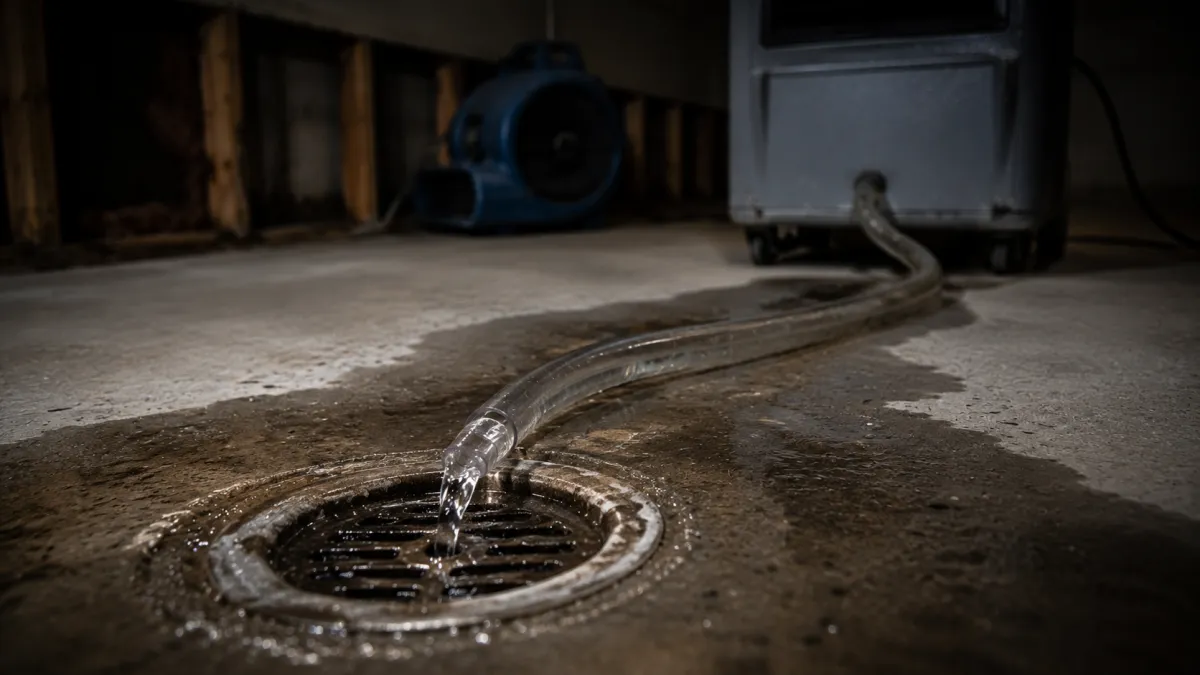 condensate draining from a dehumidifier as moisture leaves a Detroit basement