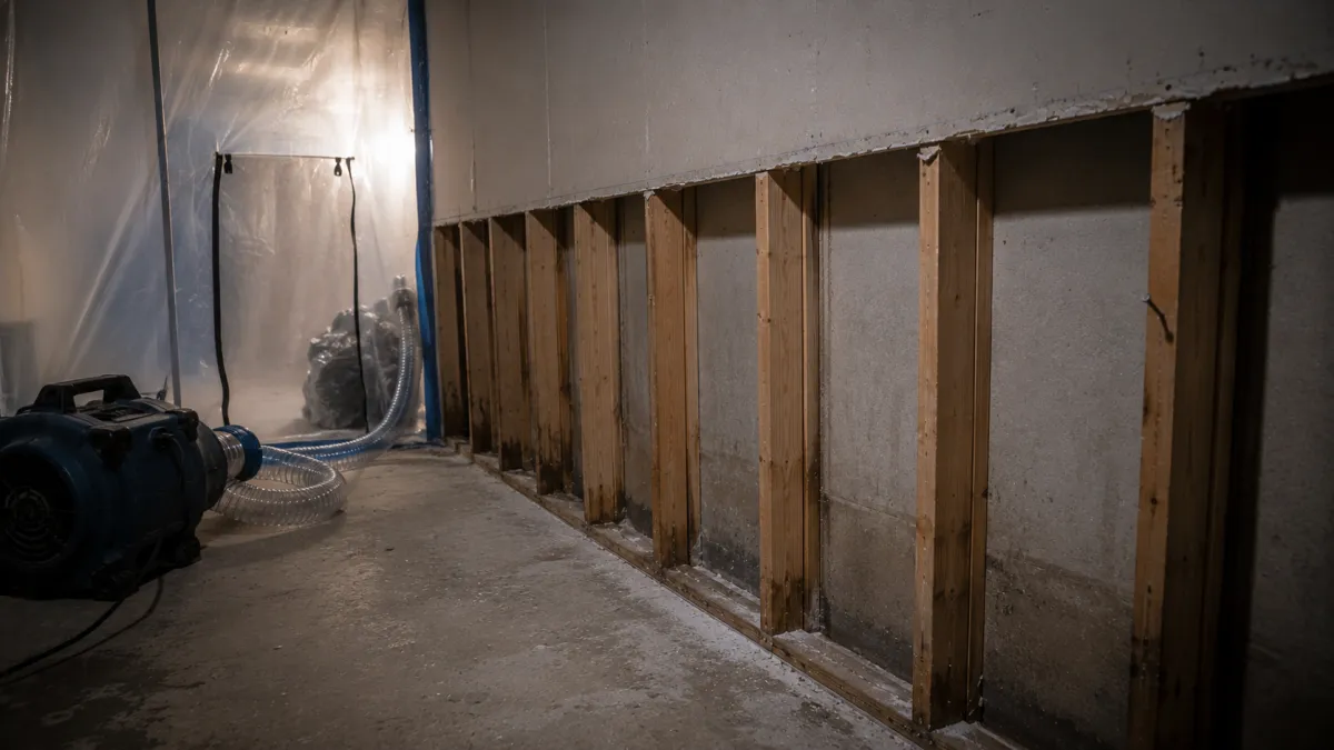 affected drywall and insulation removed from a wall inside mold containment in Detroit