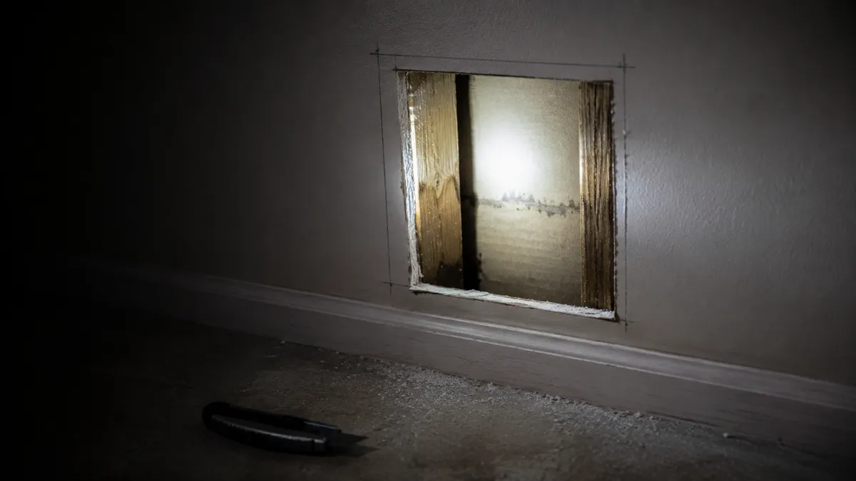 an inspection cut checking how far mold has spread inside a wall in a Detroit basement