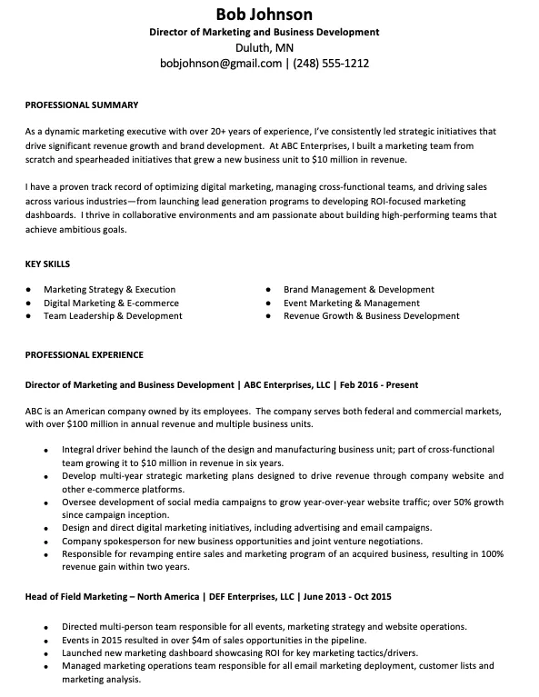 marketing resume sample