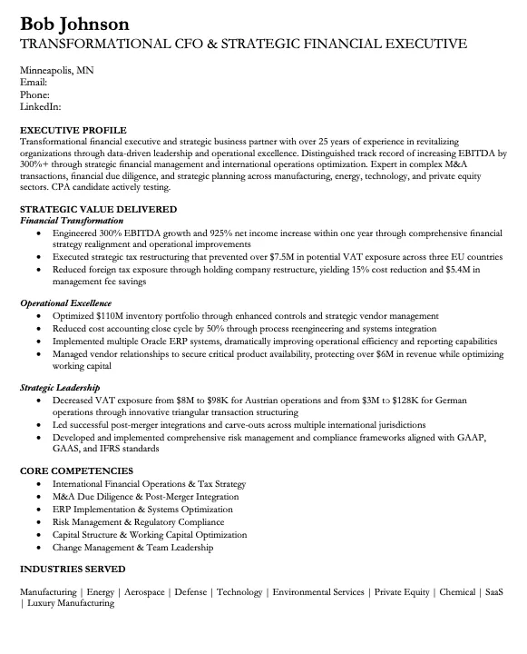 cfo resume sample
