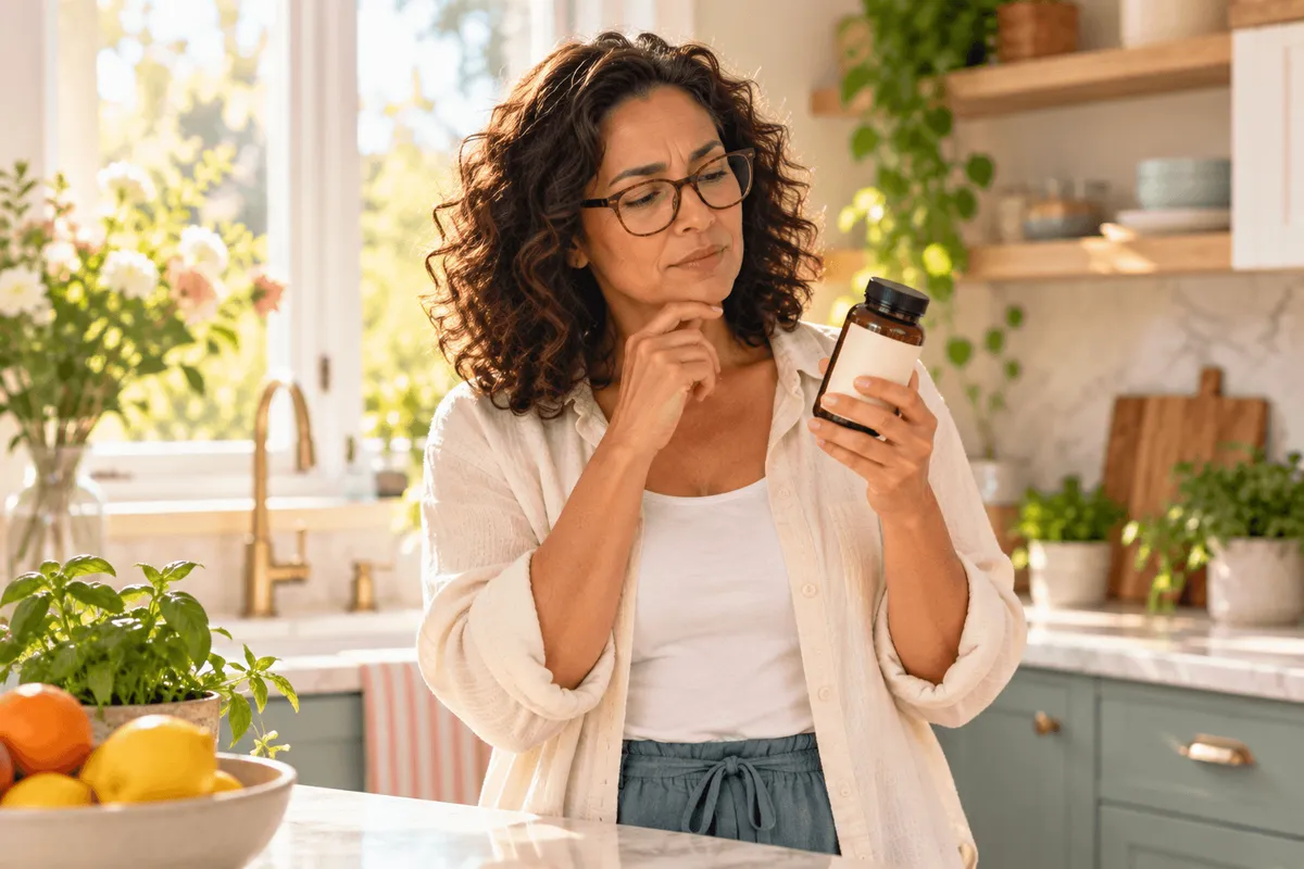 Woman in her late 40s reading the label of a plain supplement bottle in her kitchen