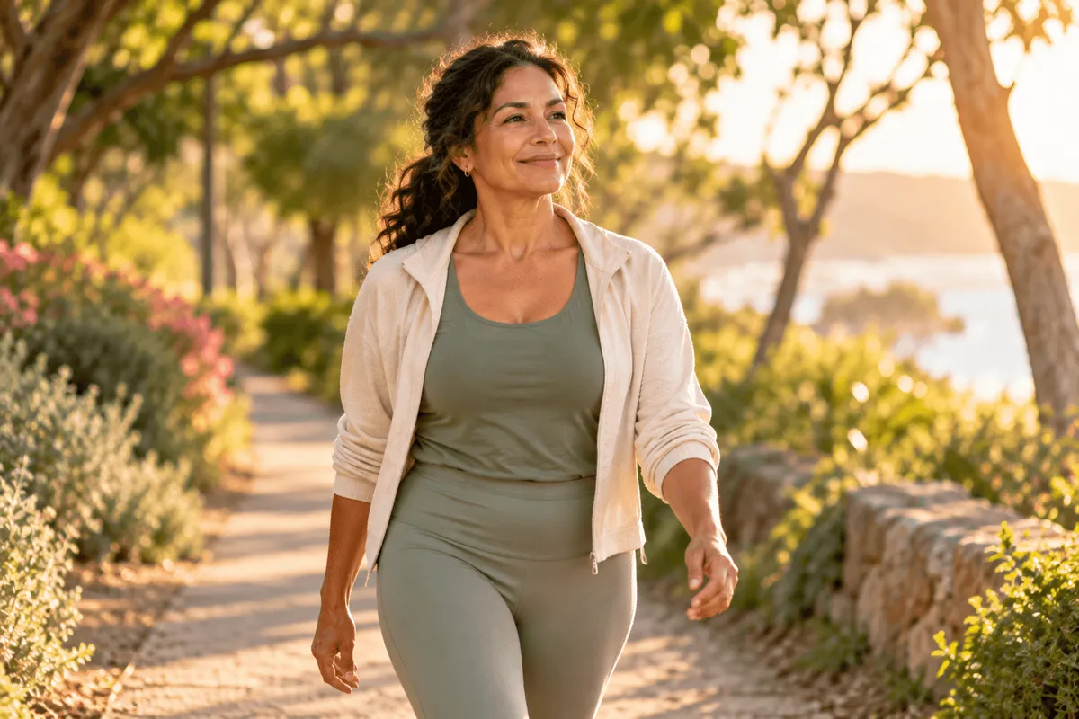 Woman in her early 50s walking confidently on a tree-lined path in golden light