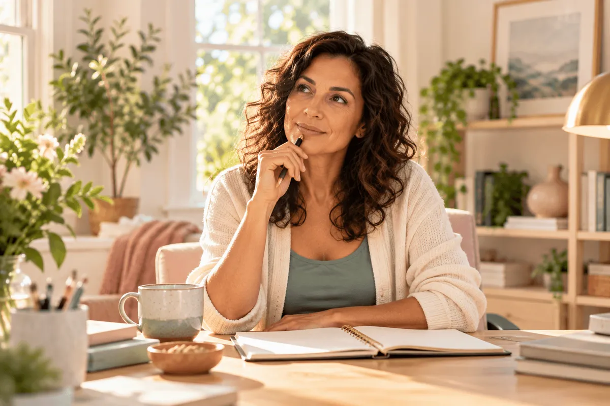 Woman in her mid-40s pausing thoughtfully at her desk, pen in hand