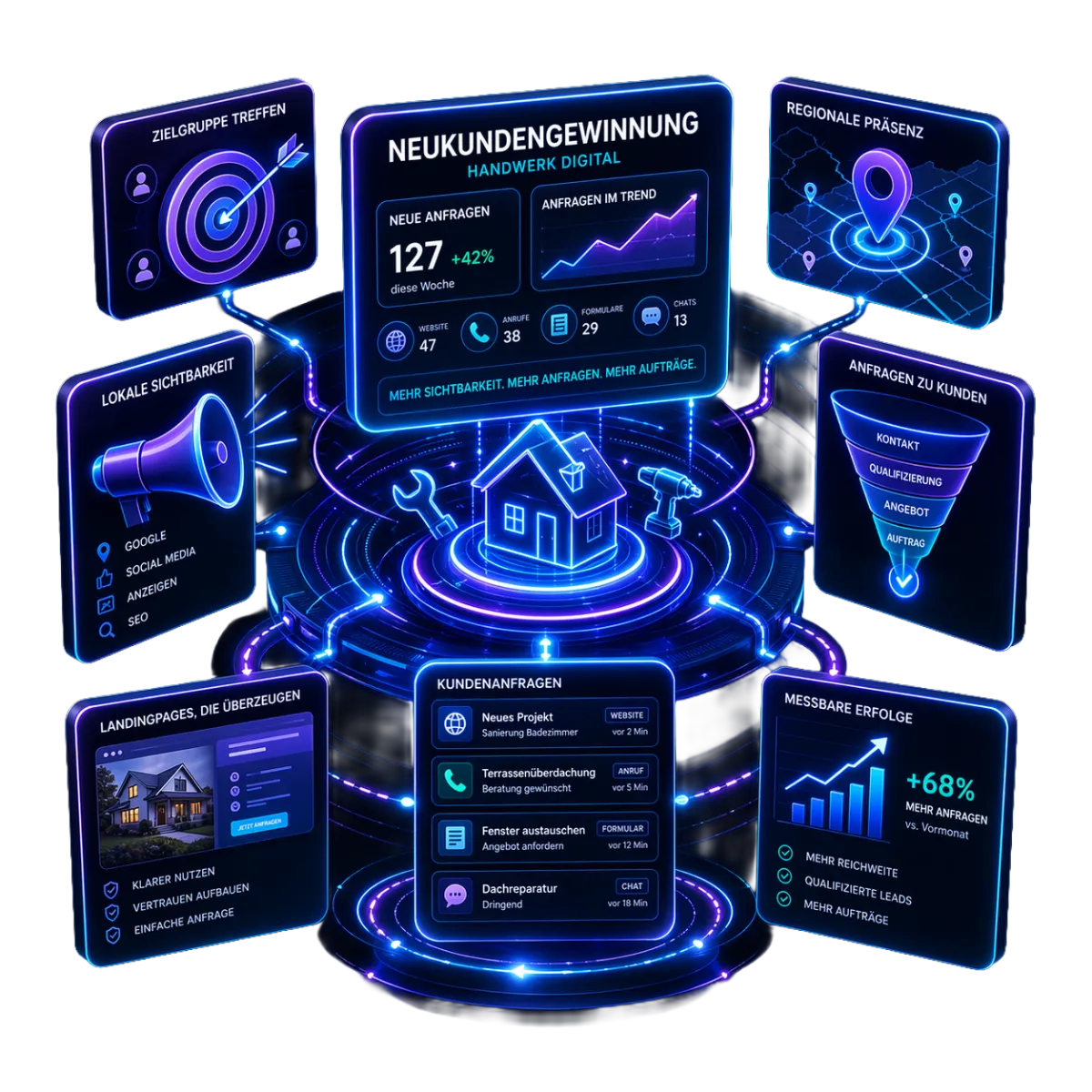 Futuristische Illustration zur Neukundengewinnung für Handwerksbetriebe über Social Media
