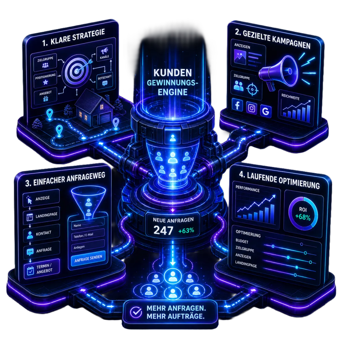 Futuristische Prozessdarstellung zur Neukundengewinnung mit Strategie, Kampagnen und Optimierung