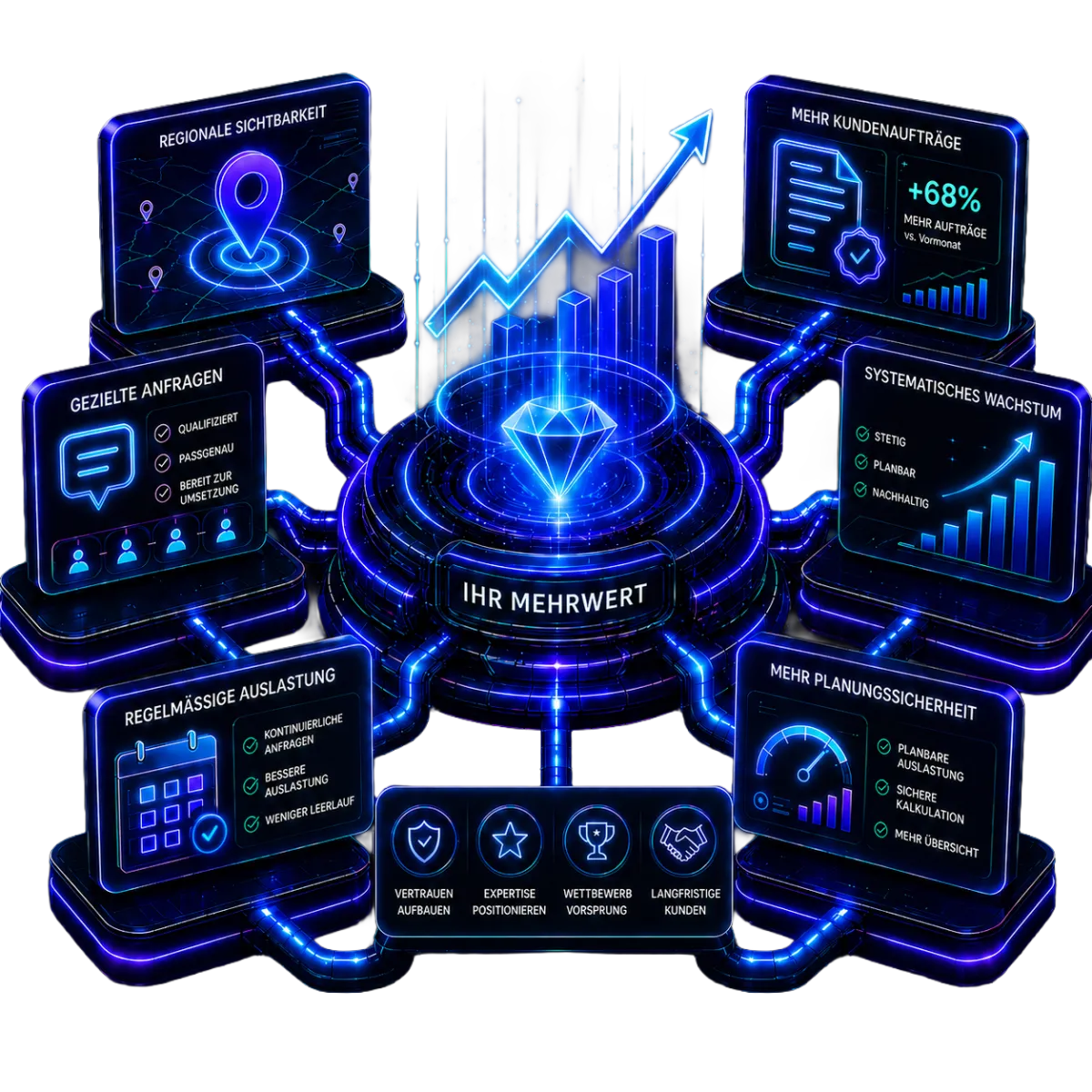 Futuristische Visualisierung von Sichtbarkeit, Anfragen und Wachstum durch Neukundengewinnung
