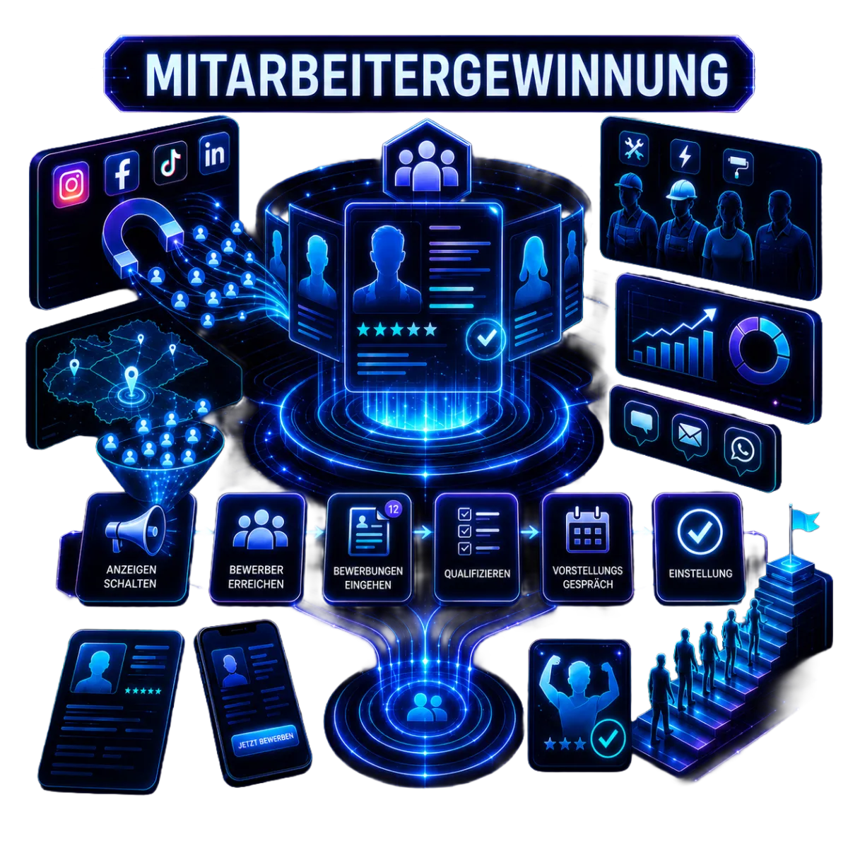 Futuristische Illustration zur Mitarbeitergewinnung für Handwerksbetriebe über Social Media