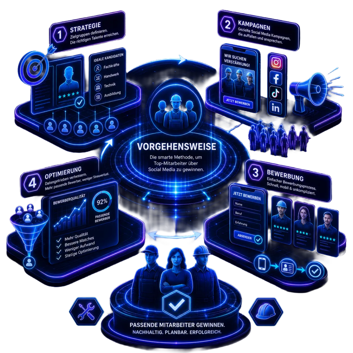 Futuristische Prozessdarstellung zur Mitarbeitergewinnung mit Strategie, Kampagnen und Optimierung