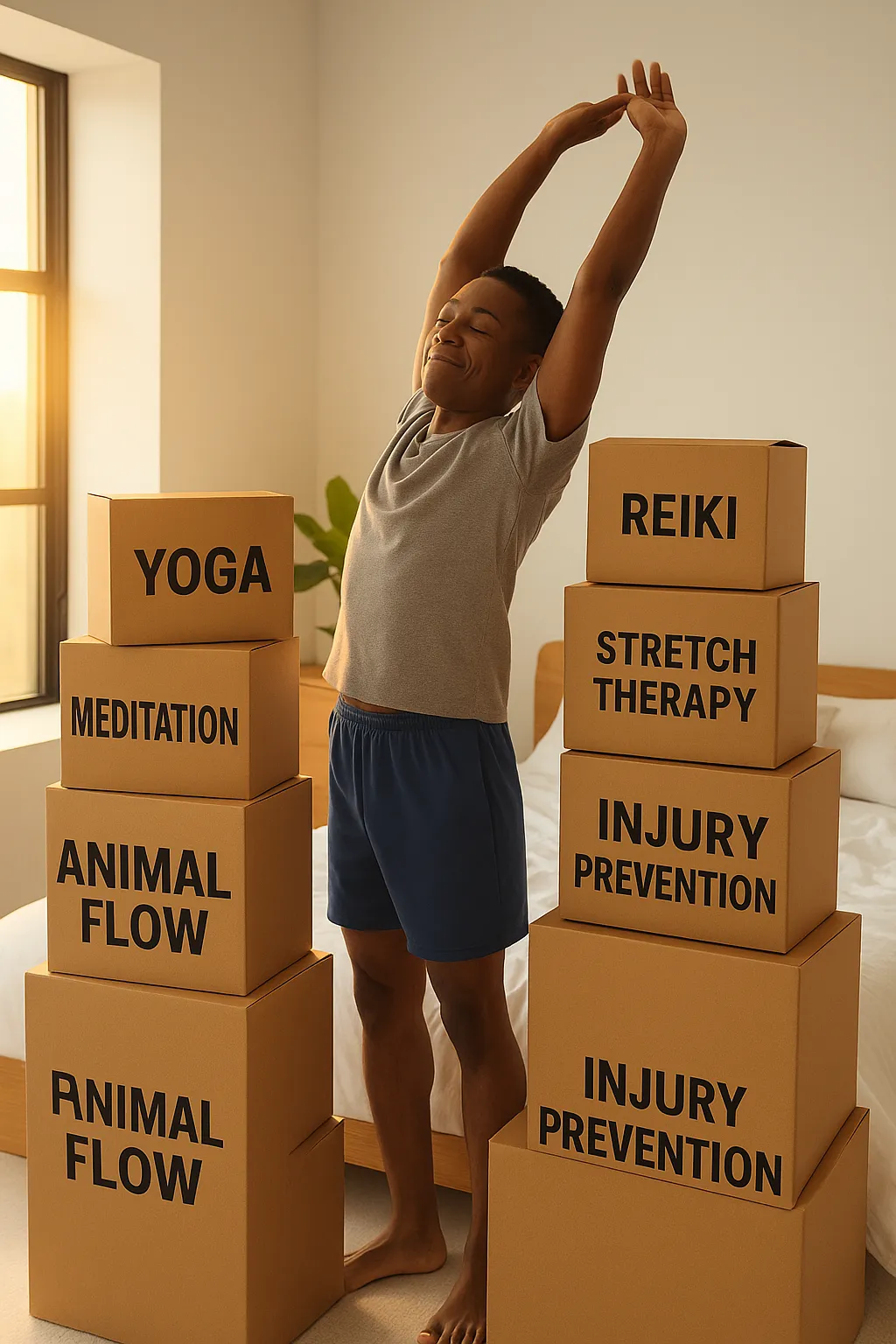 Woman stretching on yoga mat in autumn park