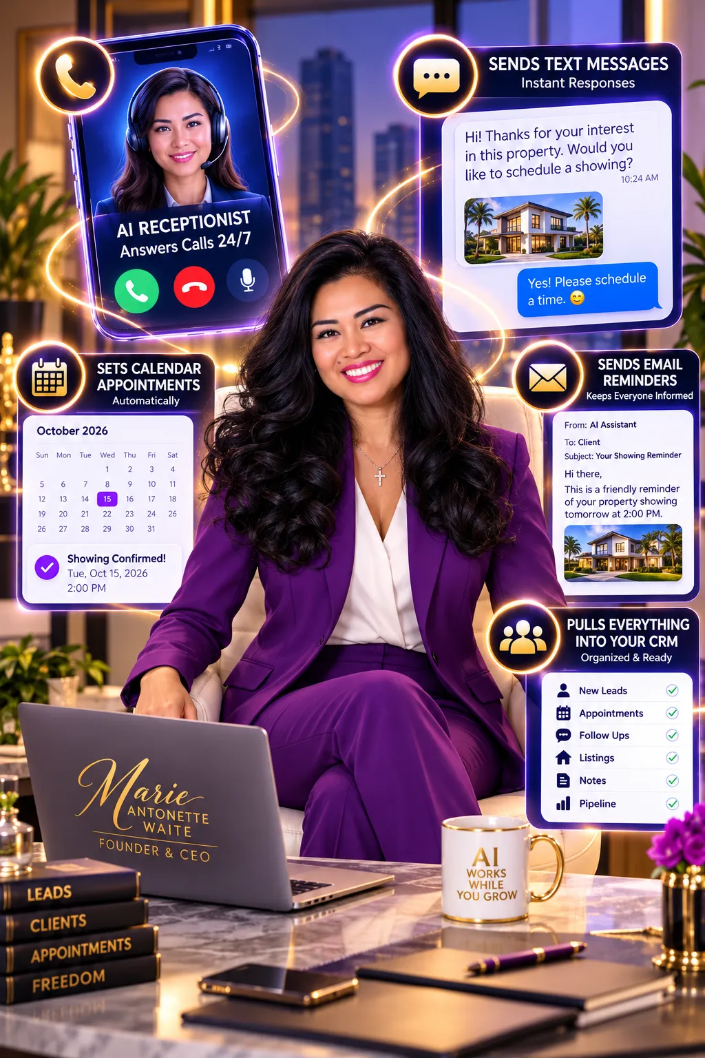 Real estate professional enjoying relaxed time freedom while AI receptionist handles calls