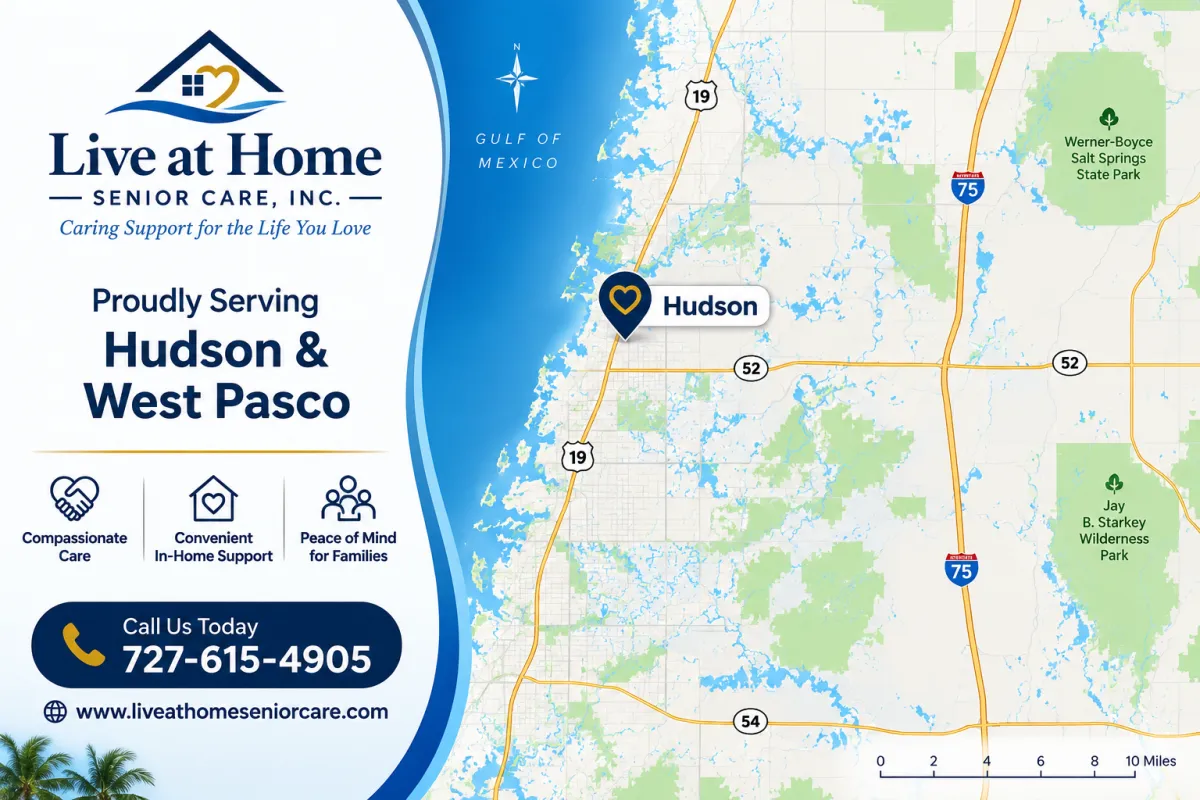 Live at Home Senior Care service area map for Pasco and Pinellas counties