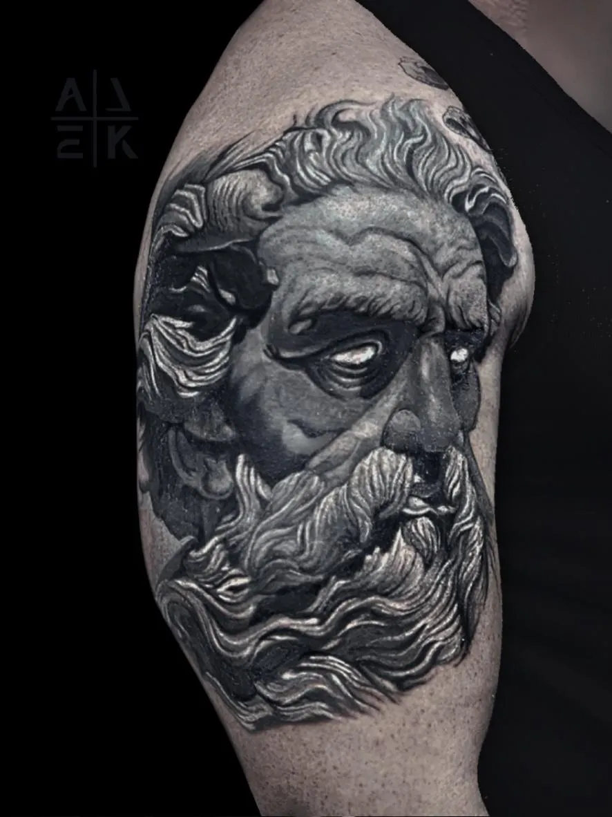 Poseidon tattoo cover-up in silver opaque grays, realistic marble sculpture style by Alek the Saint, Point Loma, San Diego.