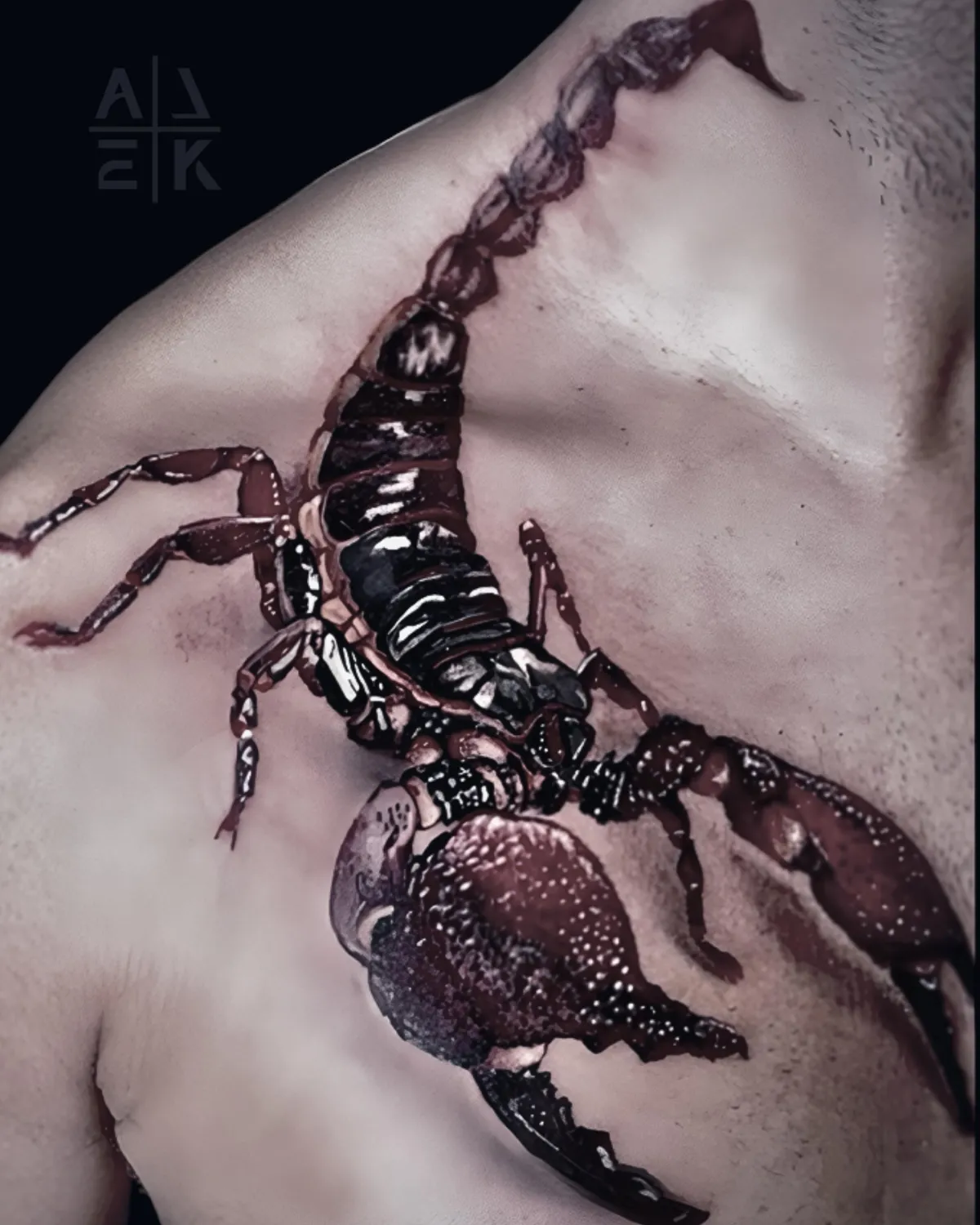 Scorpion chest tattoo in hyper-realism with red and black tones — memorial for the war in Afghanistan by Alek the Saint, San Diego.