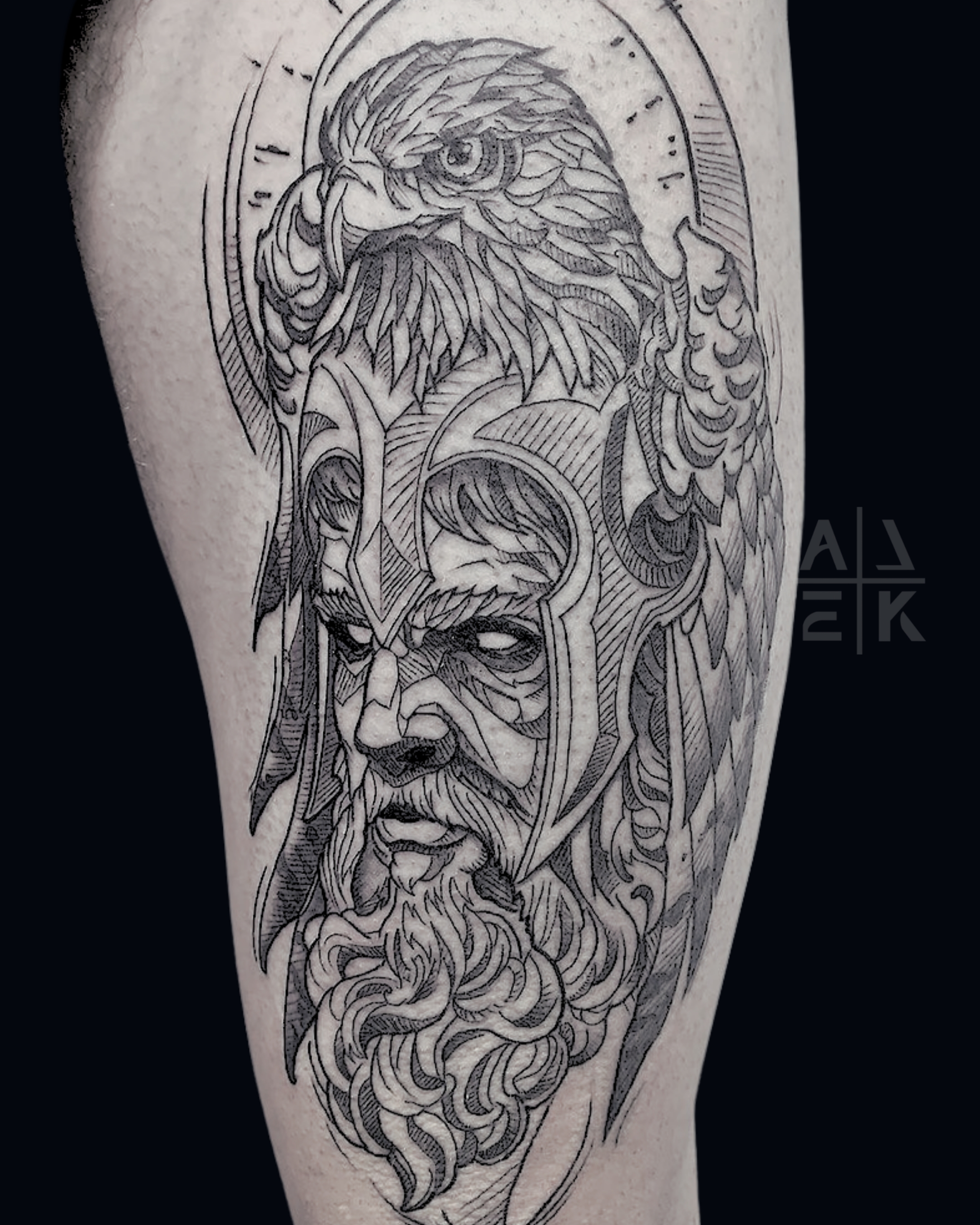 Blackwork warrior portrait tattoo with intricate linework and detailed shading on the calf, tattooed by Alek the Saint at San Diego Tattoo Company in Pacific Beach, San Diego