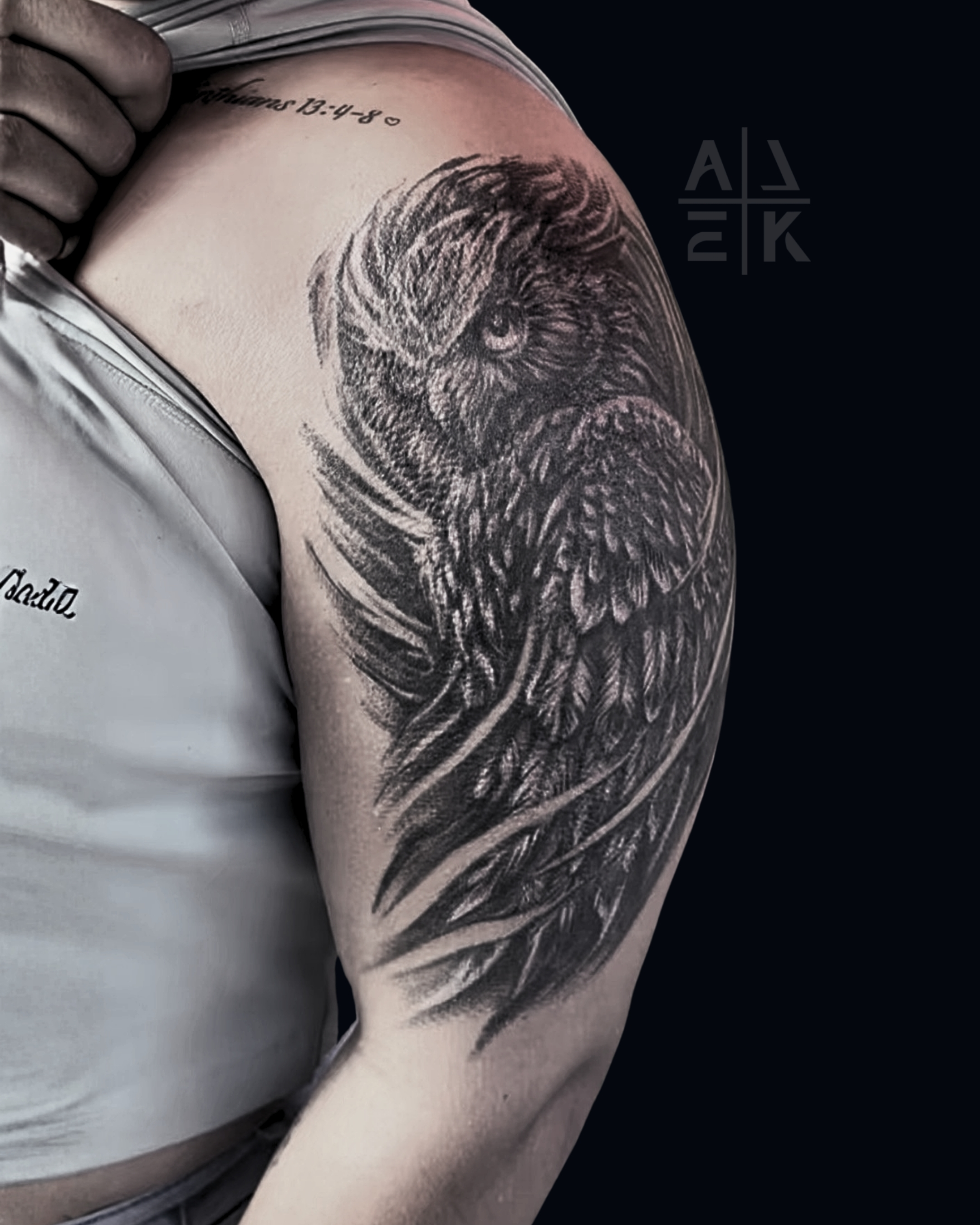 Blackwork owl tattoo with bold black ink, high-contrast feather texture, and solid linework on the upper arm, tattooed by Alek the Saint at San Diego Tattoo Company in Pacific Beach, San Diego