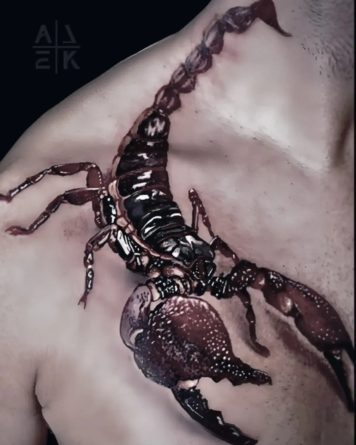 Scorpion chest tattoo in hyper-realism with red and black tones — memorial for the war in Afghanistan by Alek the Saint,Oceanside, Ca