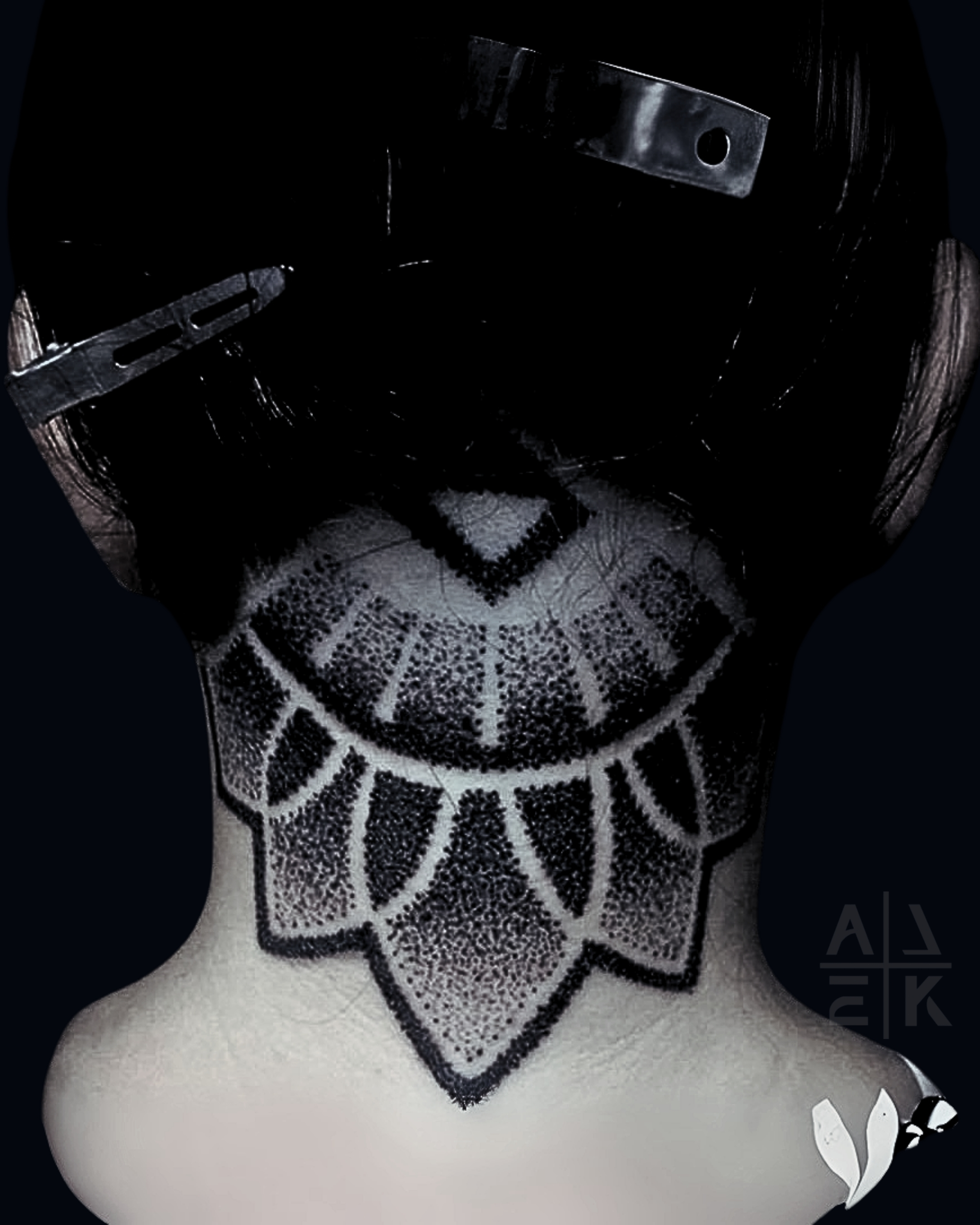 Blackwork sleeve tattoo of the Lich King’s sword piercing Medusa, featuring skulls and fantasy realism by Alek the Saint, Oceanside, Ca