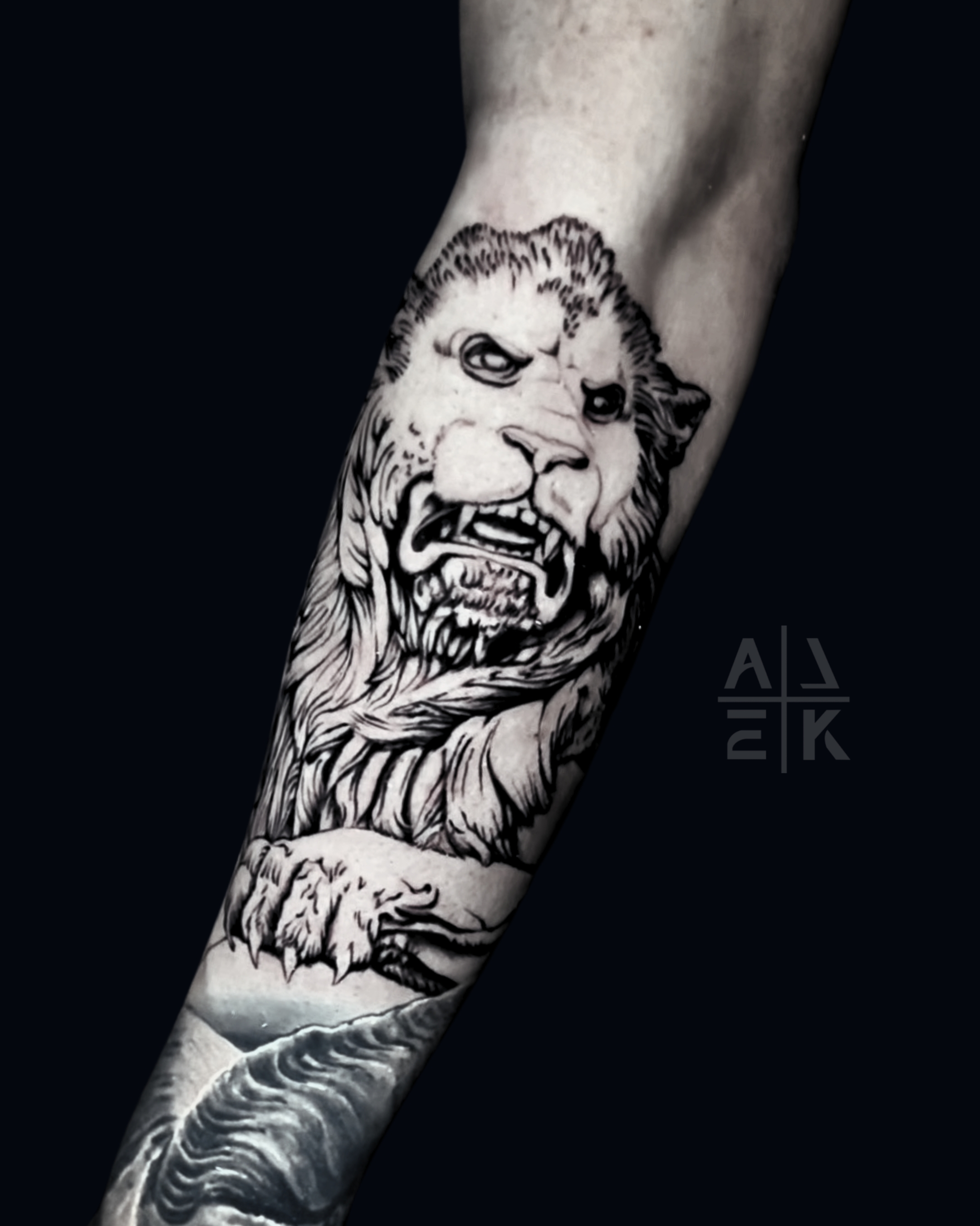 Blackwork sleeve tattoo of the Lich King’s sword piercing Medusa, featuring skulls and fantasy realism by Alek the Saint, Oceanside, Ca