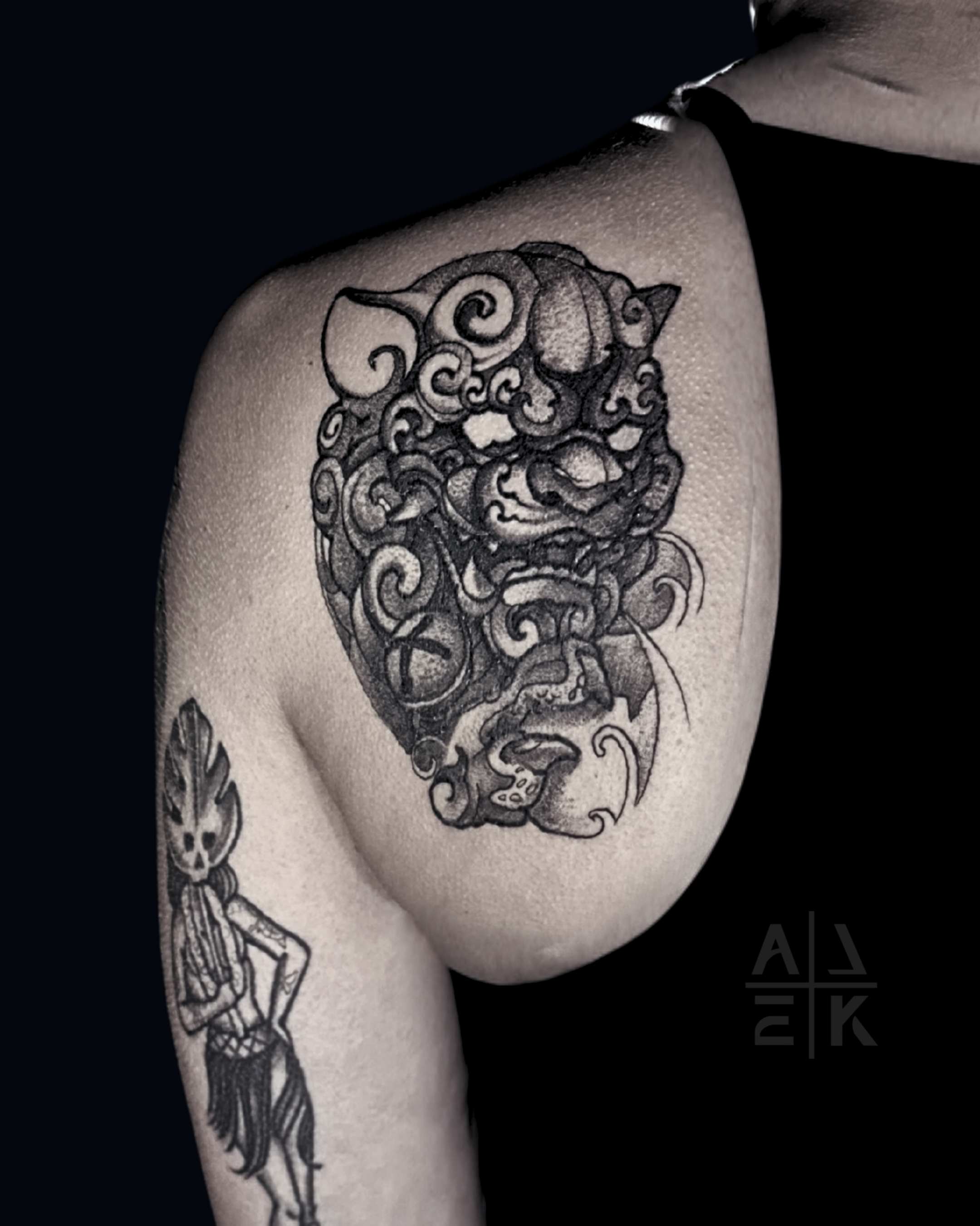 Blackwork sleeve tattoo of the Lich King’s sword piercing Medusa, featuring skulls and fantasy realism by Alek the Saint, Oceanside, Ca