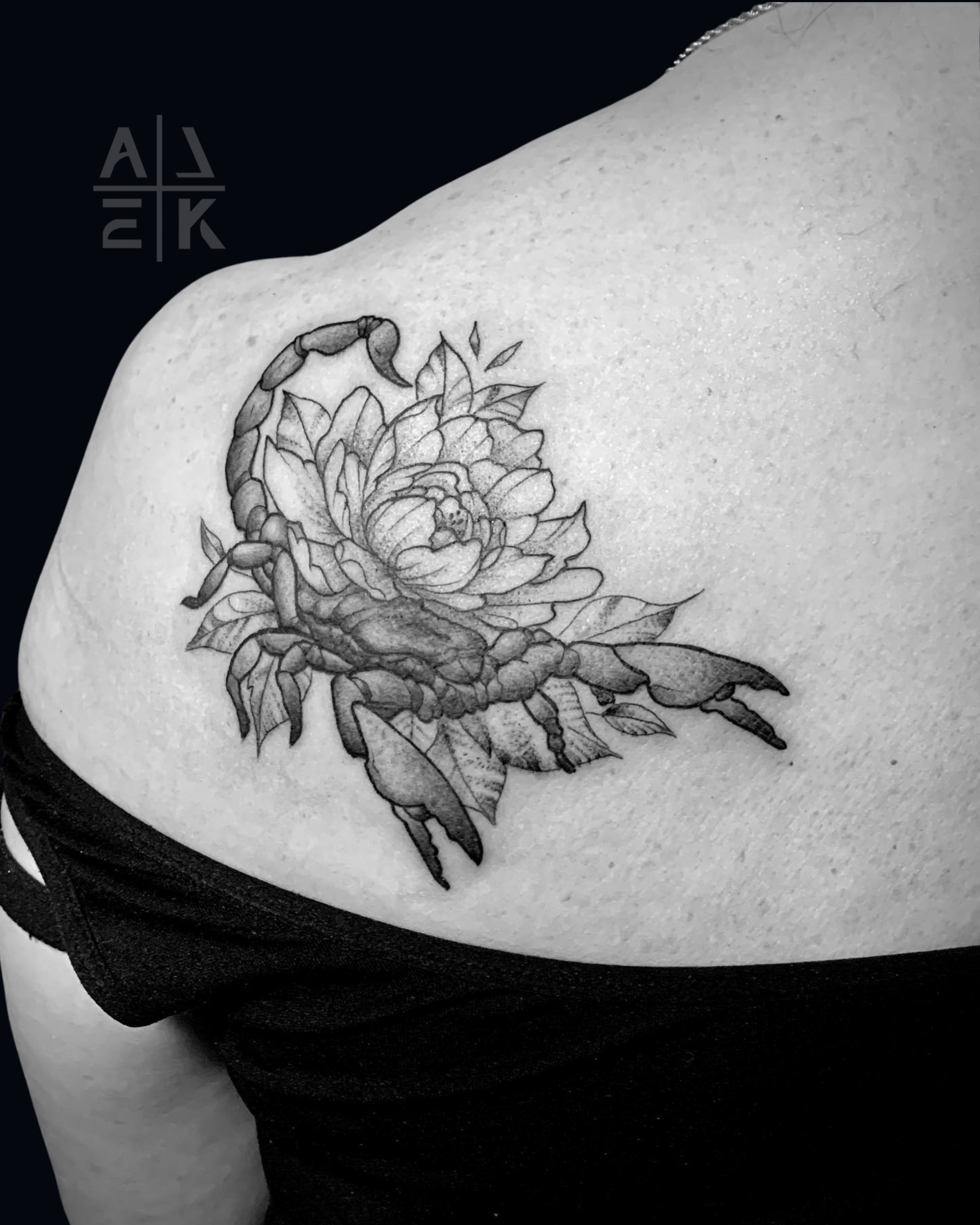 Blackwork sleeve tattoo of the Lich King’s sword piercing Medusa, featuring skulls and fantasy realism by Alek the Saint, Oceanside, Ca