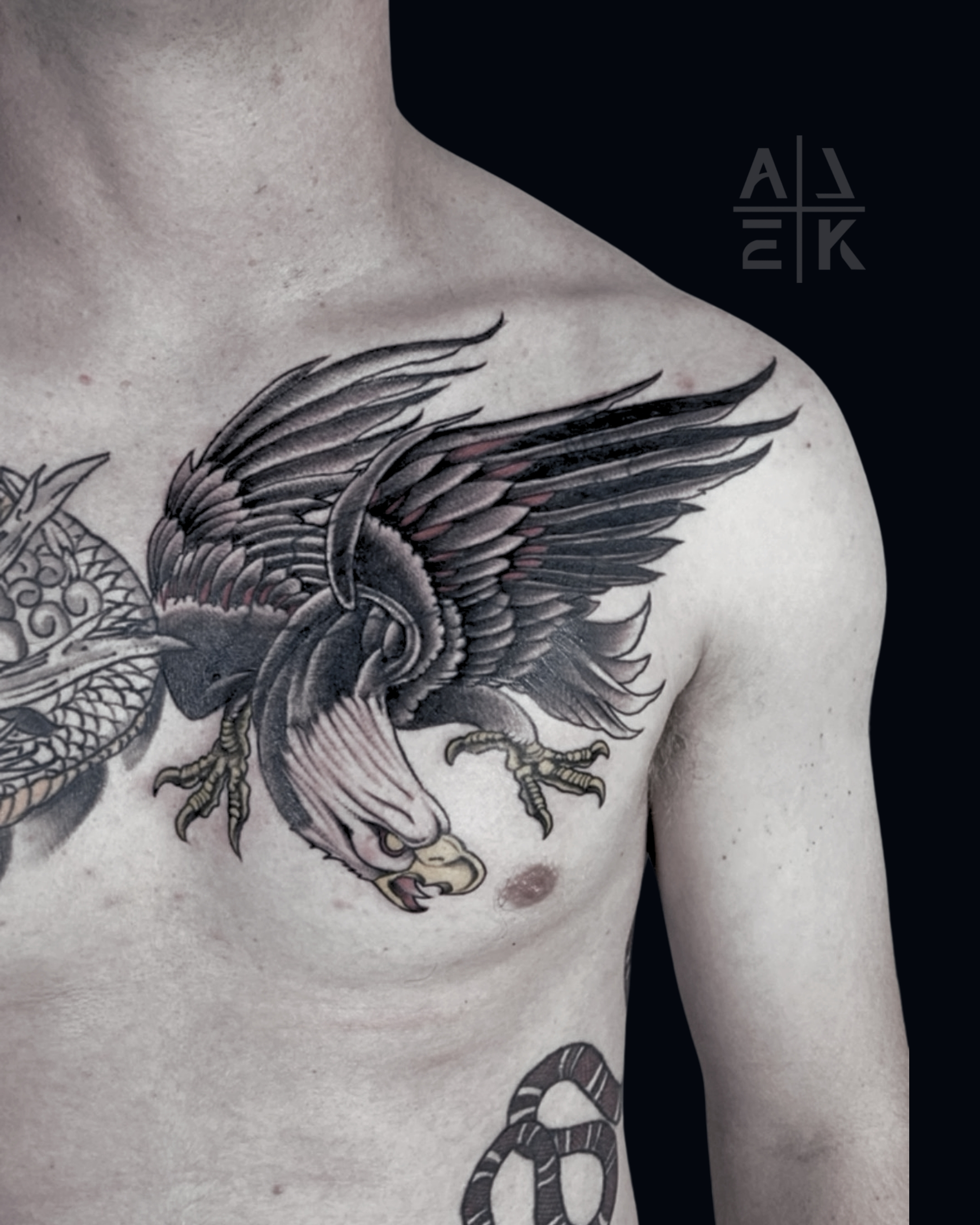 “Hyper-realistic color snake shoulder tattoo with 3D scales, detailed texture, and full cover-up by Alek the Saint, Oceanside, Ca