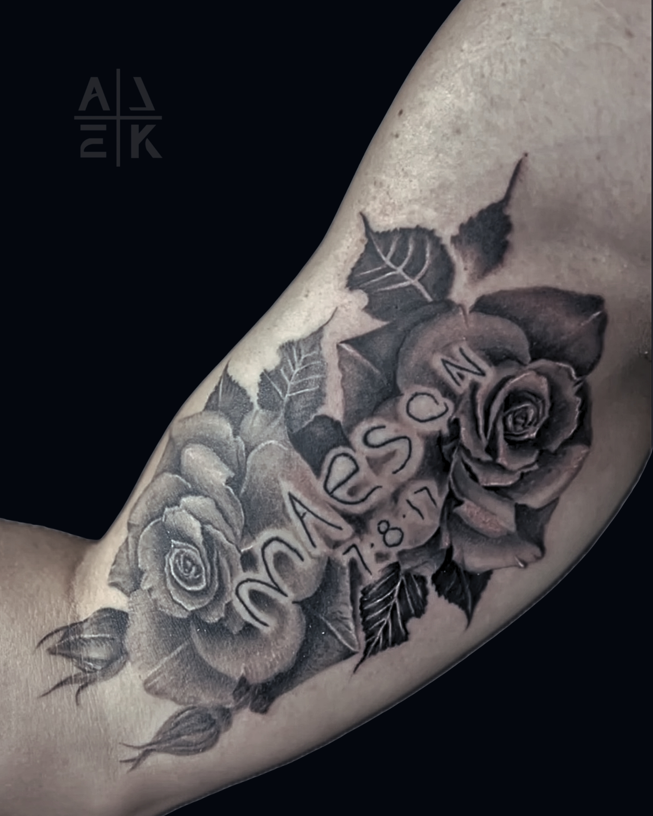 Black & gray koi fish thigh tattoo — a powerful cover-up blending Japanese waves with realism. By Alek the Saint in Oceanside, Ca