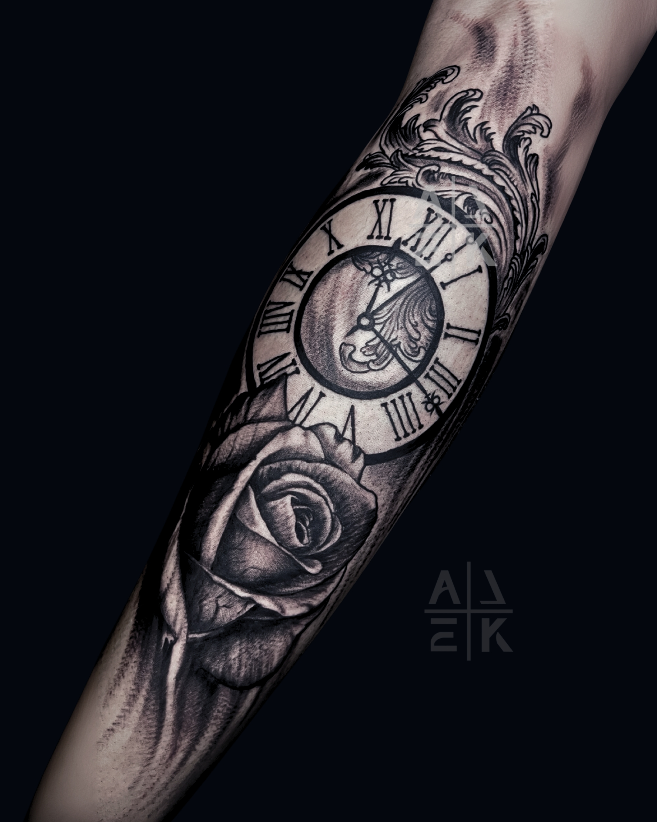 Samurai mask and female face thigh tattoo in black and gray realism by Alek the Saint,Oceanside, Ca ttattoo artist.