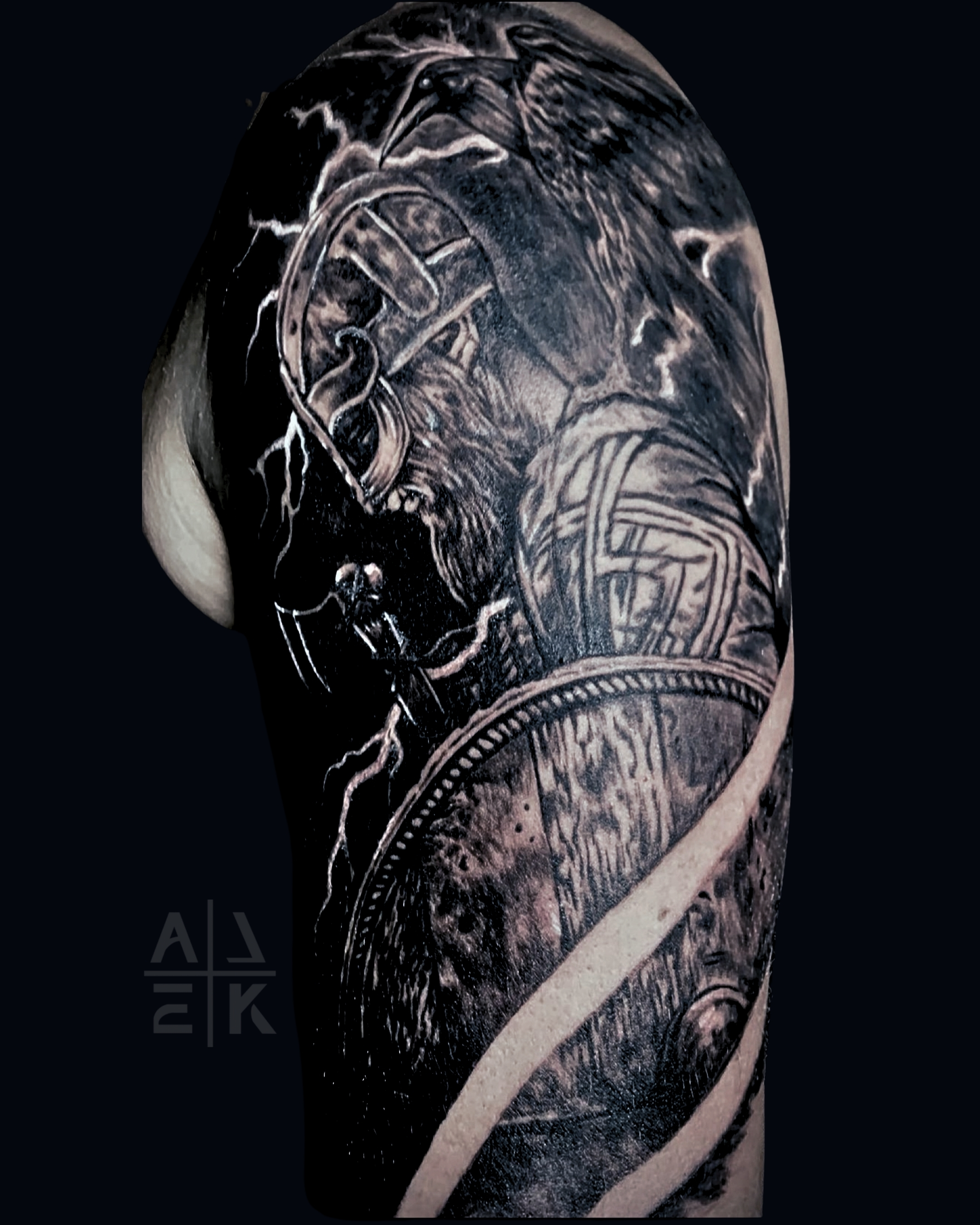 Samurai mask and female face thigh tattoo in black and gray realism by Alek the Saint,Oceanside, Ca ttattoo artist.