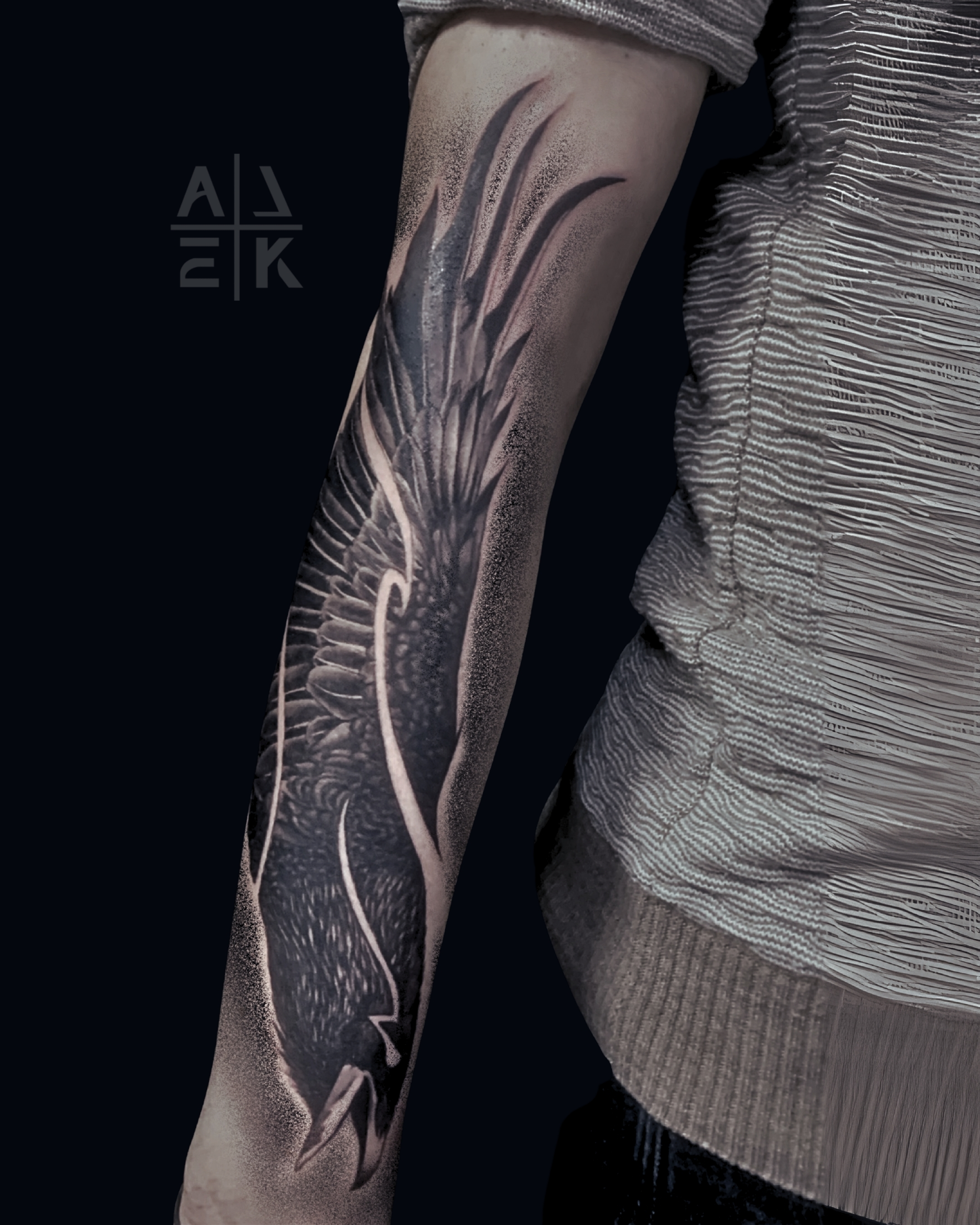 Samurai mask and female face thigh tattoo in black and gray realism by Alek the Saint,Oceanside, Ca ttattoo artist.