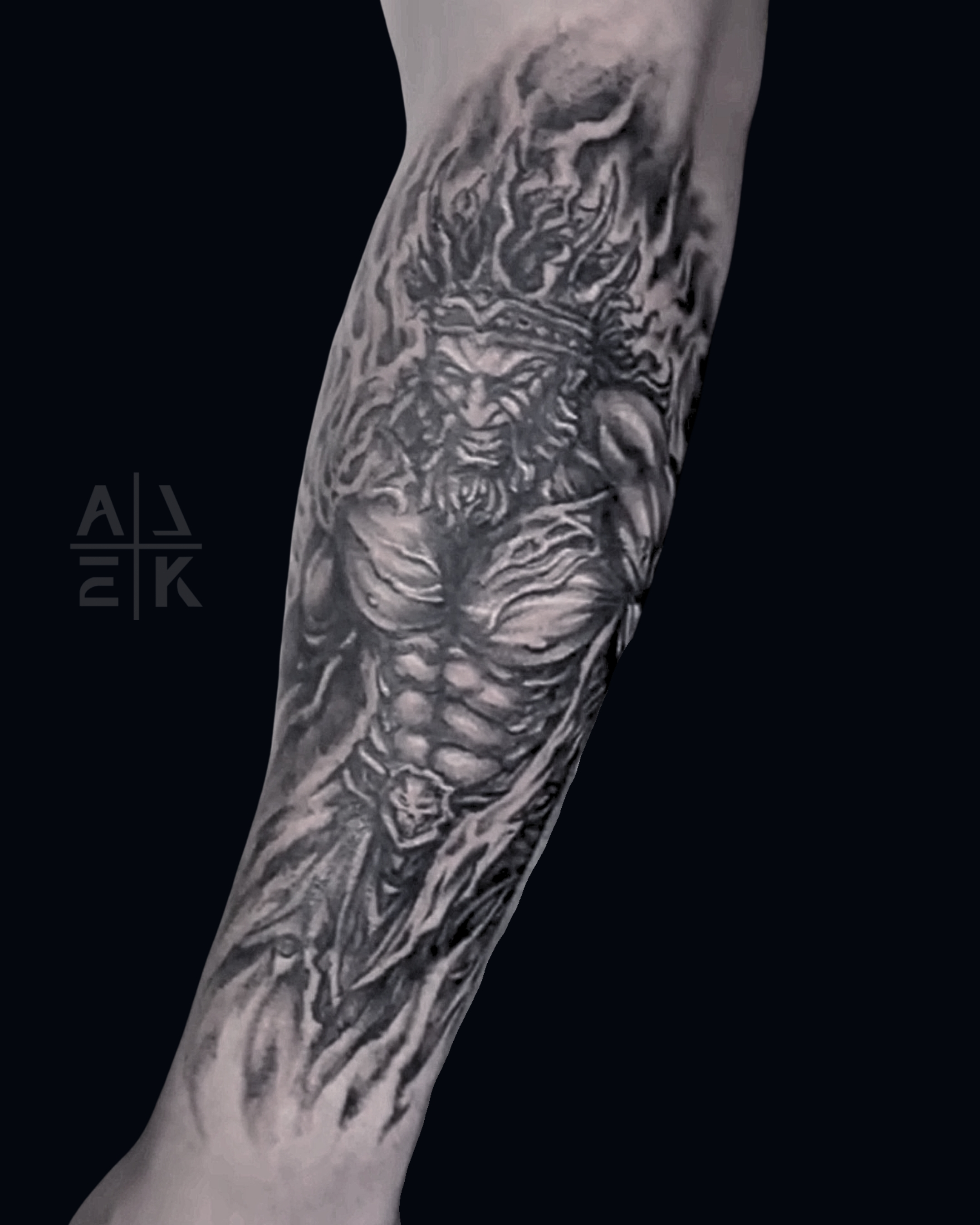 Black & gray koi fish thigh tattoo — a powerful cover-up blending Japanese waves with realism. By Alek the Saint in Oceanside, Ca