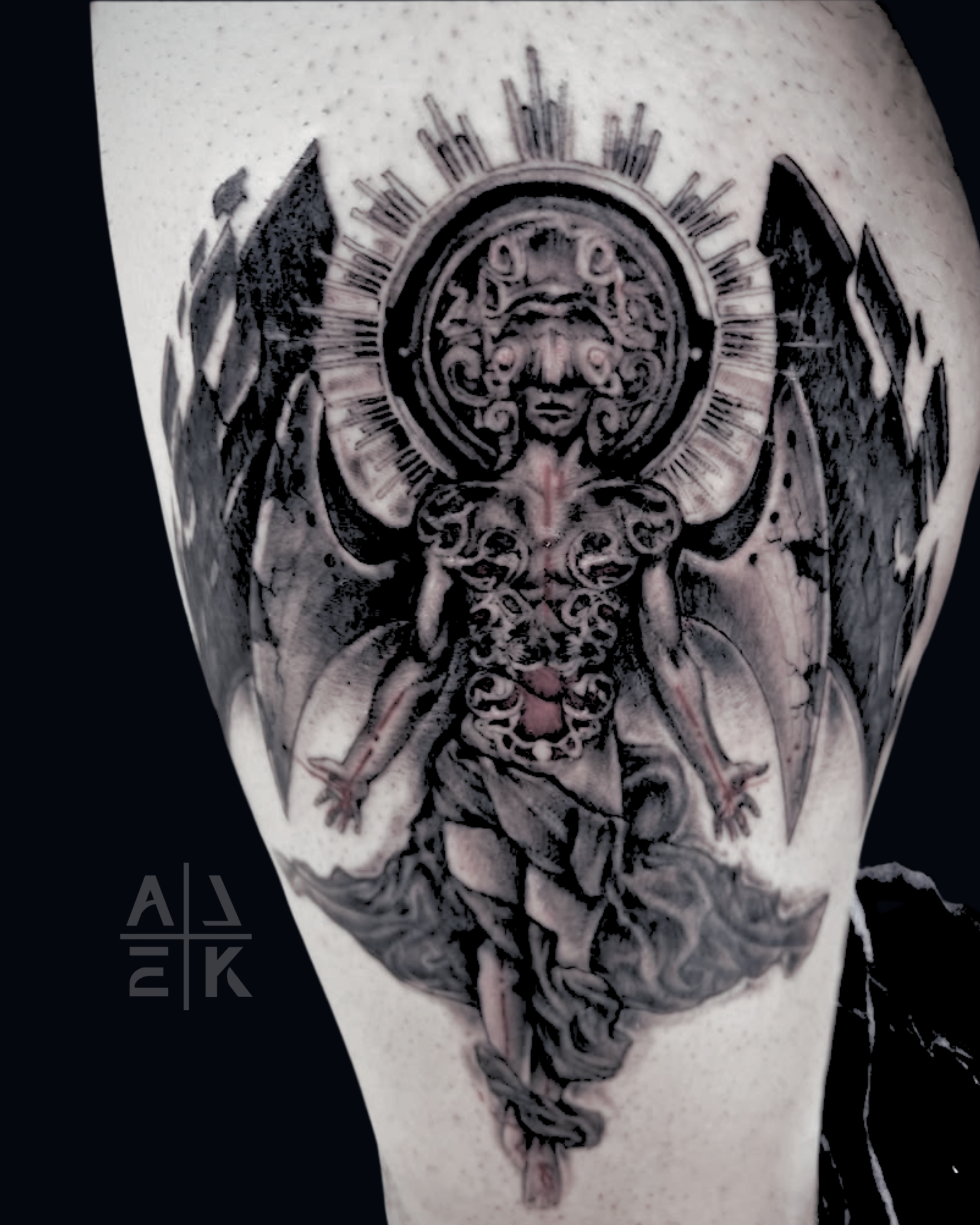 Black & gray koi fish thigh tattoo — a powerful cover-up blending Japanese waves with realism. By Alek the Saint in Oceanside, Ca