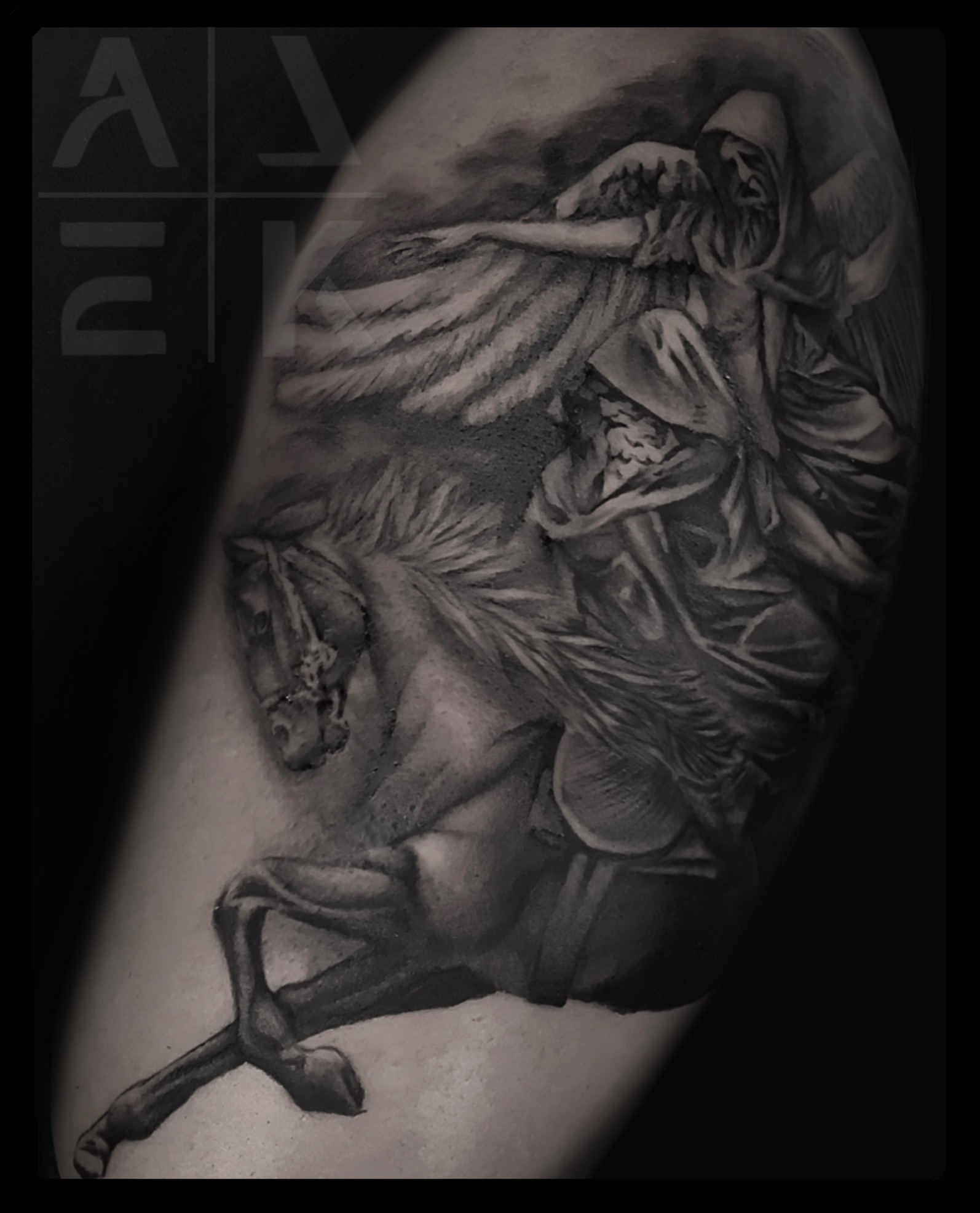 Black & gray koi fish thigh tattoo — a powerful cover-up blending Japanese waves with realism. By Alek the Saint in Oceanside, Ca