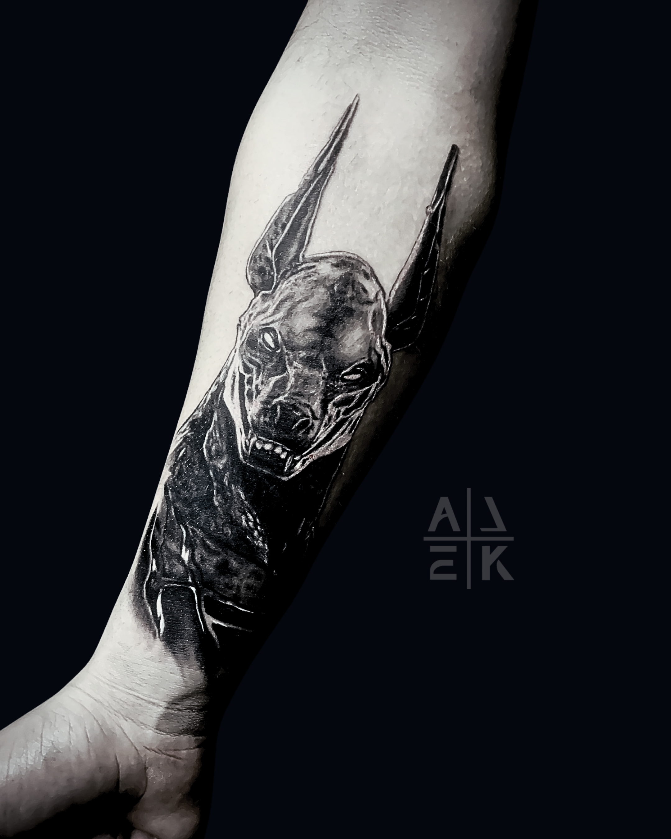 Samurai mask and female face thigh tattoo in black and gray realism by Alek the Saint,Oceanside, Ca ttattoo artist.
