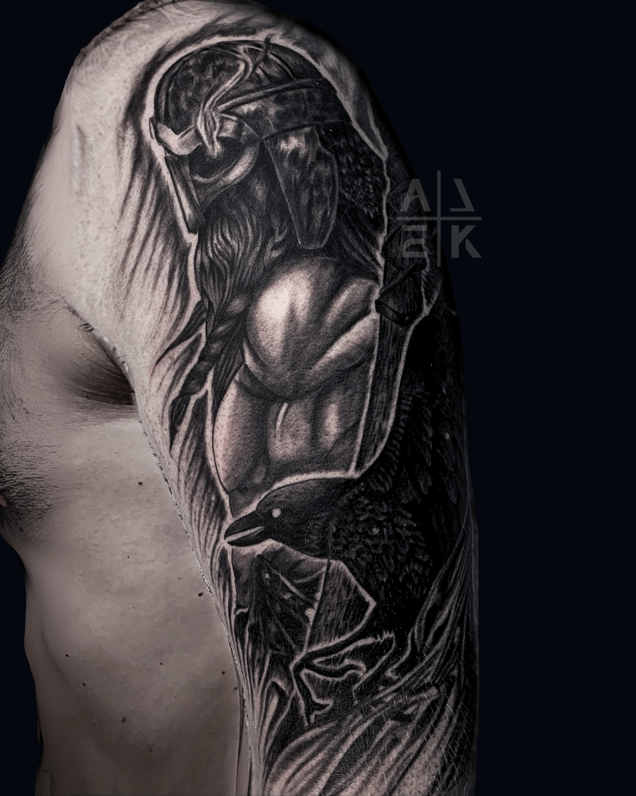 St. Michael the Archangel tattoo in black & gray realism — divine composition symbolizing protection & strength. By Alek the Saint, Oceanside, Ca
