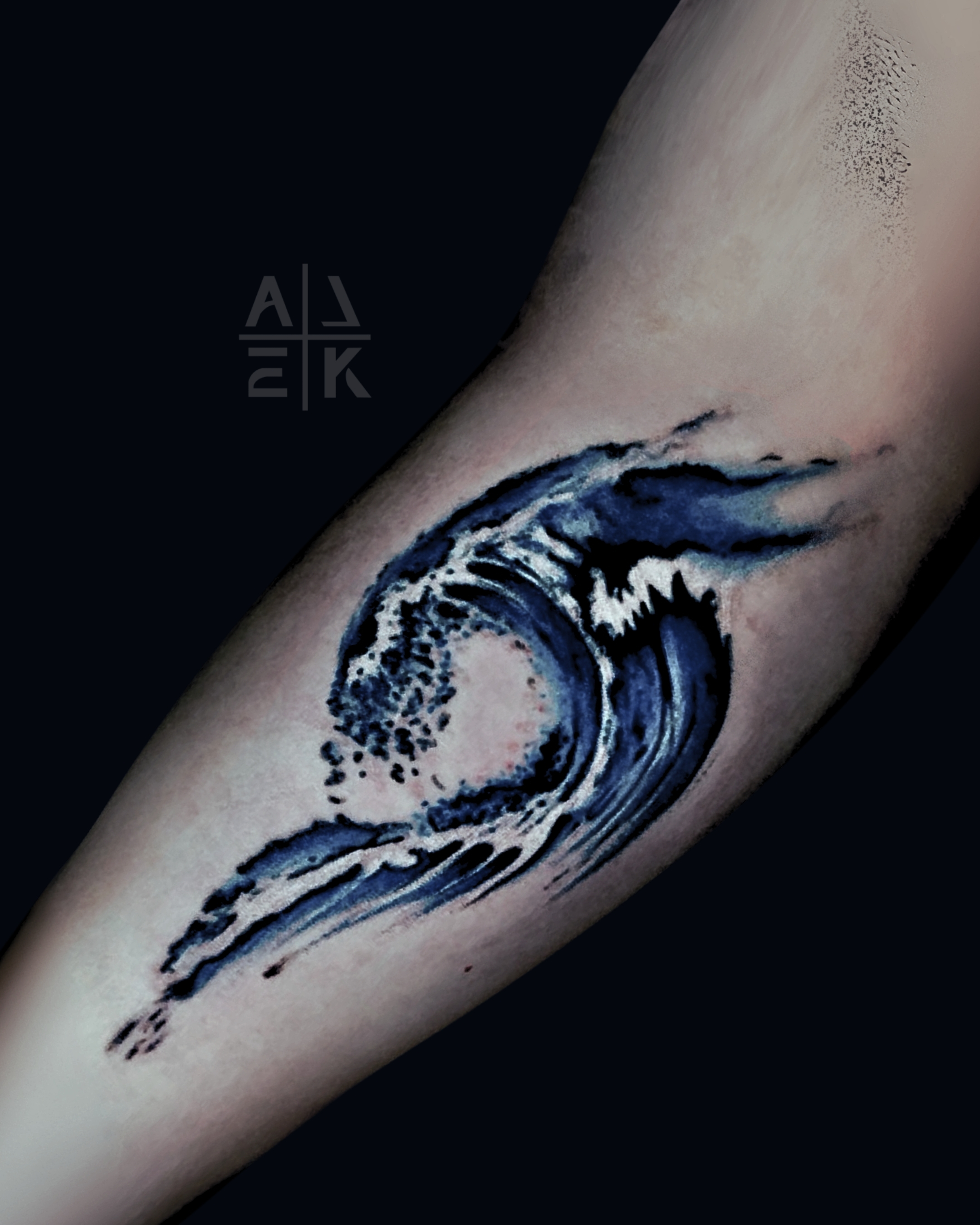 Color realism flower shoulder tattoo with bold black outlines and blackwork shading, created by Alek the Saint in Oceanside, Ca