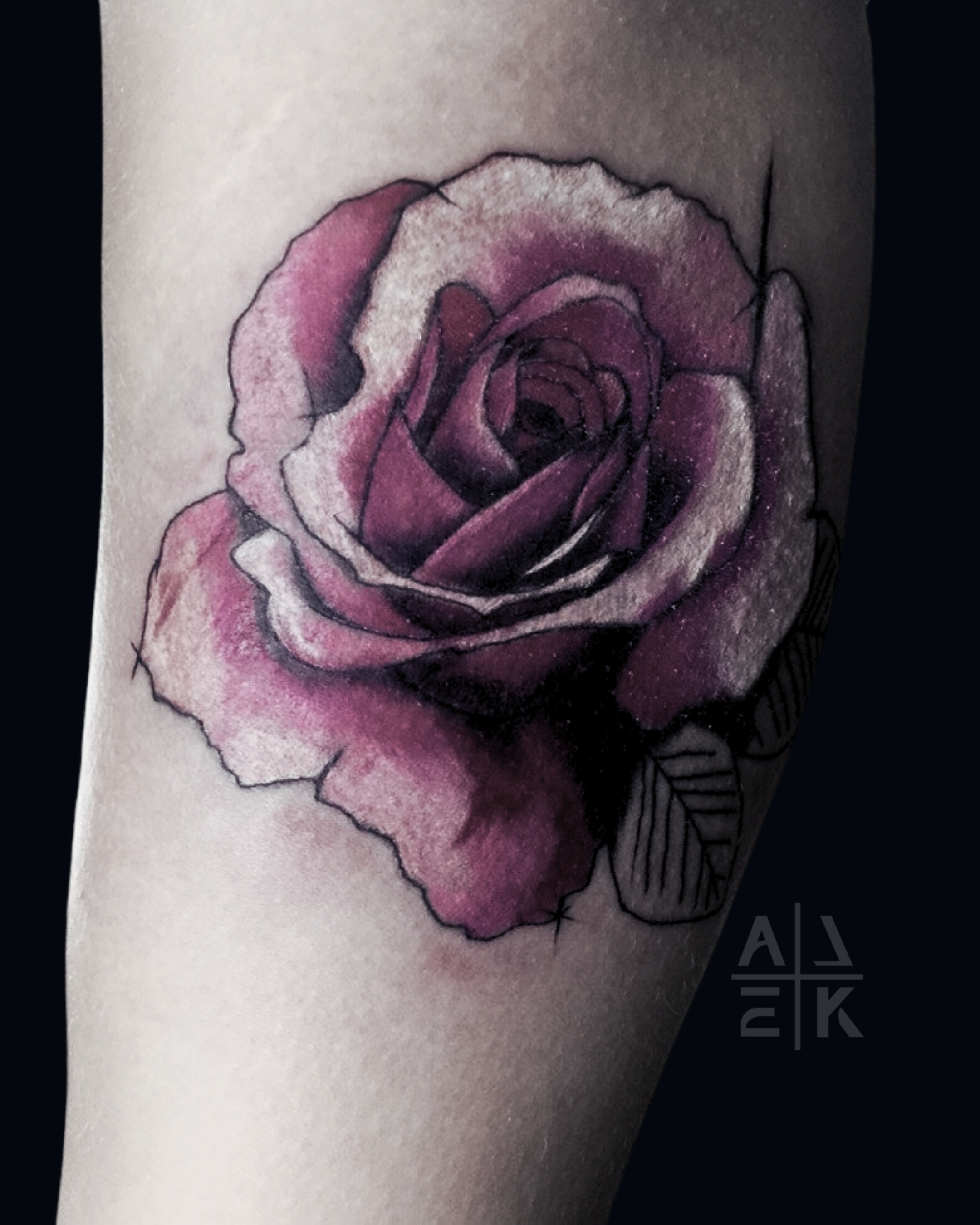 Realistic pink rose tattoo with smooth gray shading and clean edges — color realism by Alek the Saint in Oceanside, Ca