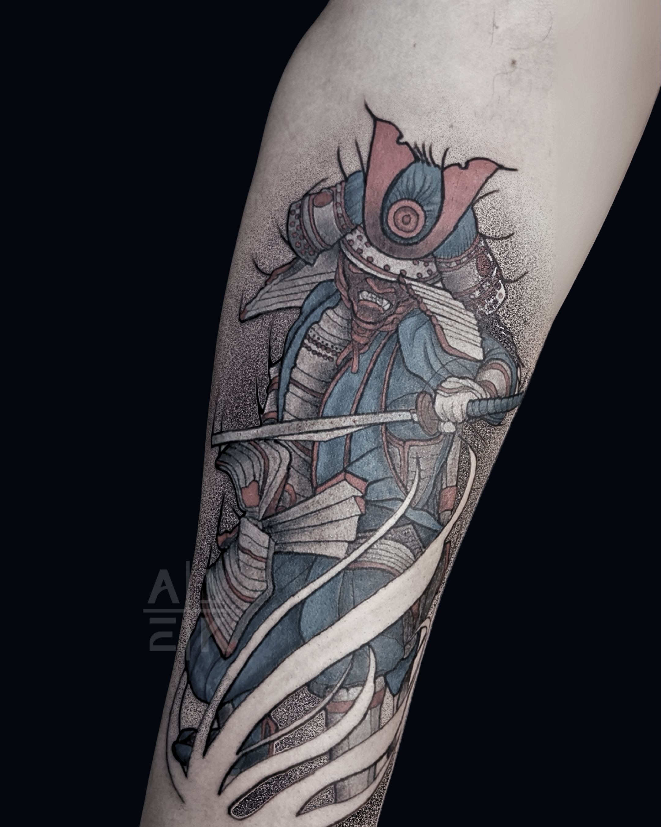 Color realism flower shoulder tattoo with bold black outlines and blackwork shading, created by Alek the Saint in Oceanside, Ca