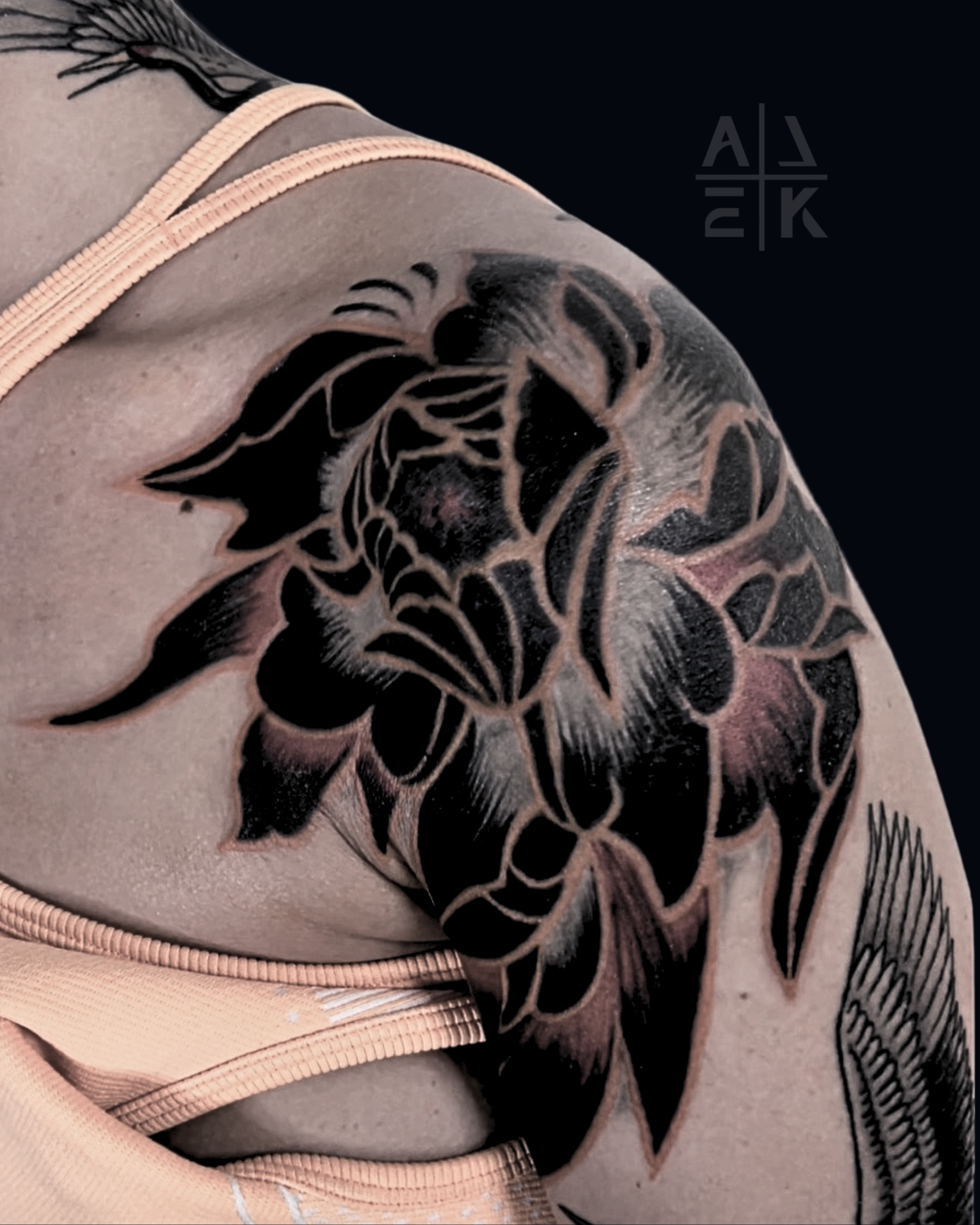 Scorpion chest tattoo in hyper-realism with red and black tones — memorial for the war in Afghanistan by Alek the Saint,Oceanside, Ca