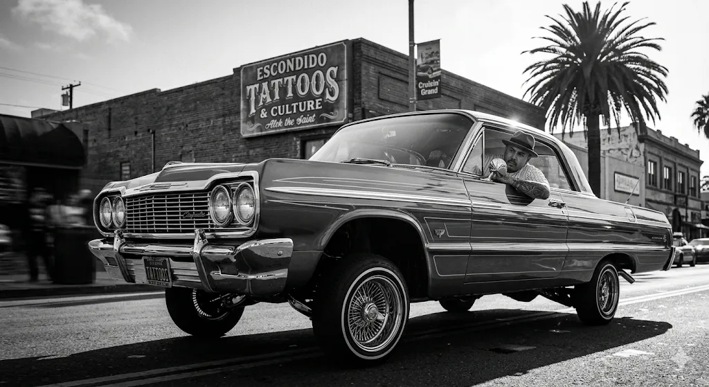 Low rider car drving across Escondido