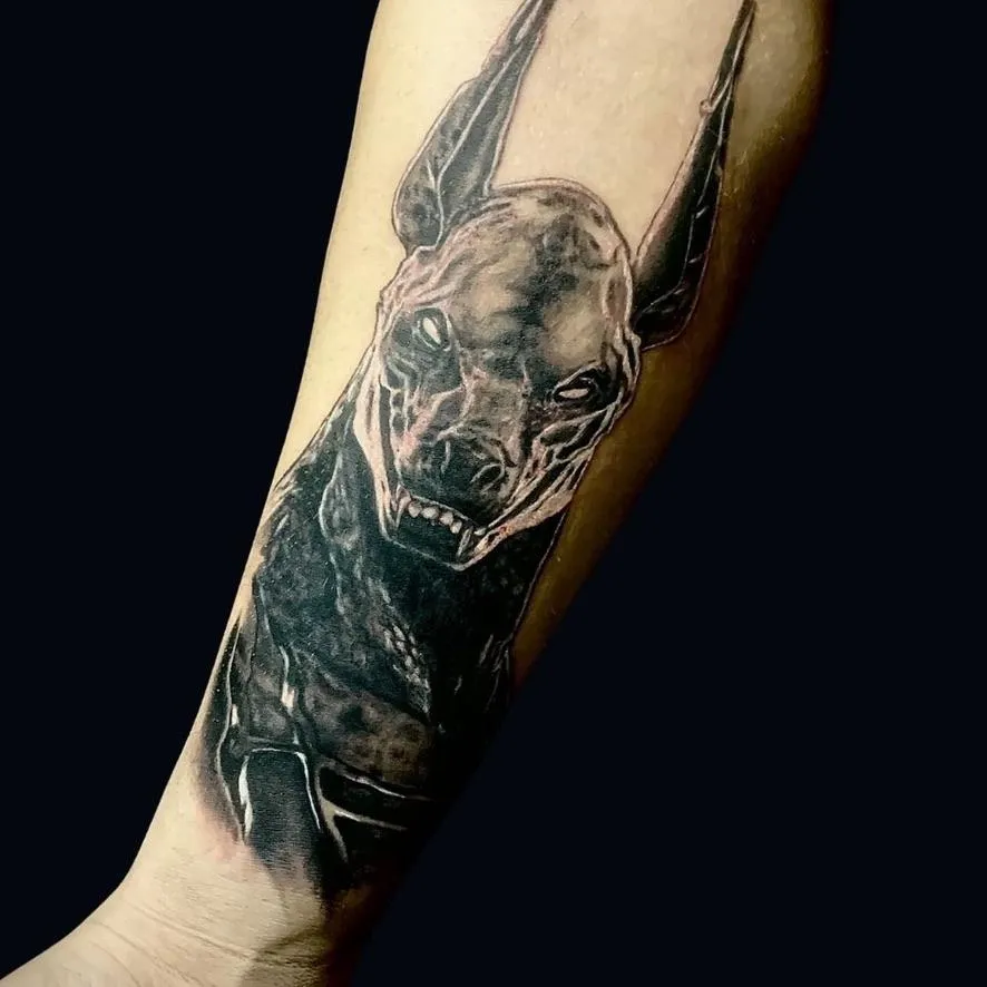Black and grey tattoo of Anubis on the forearm in Oceanside, California